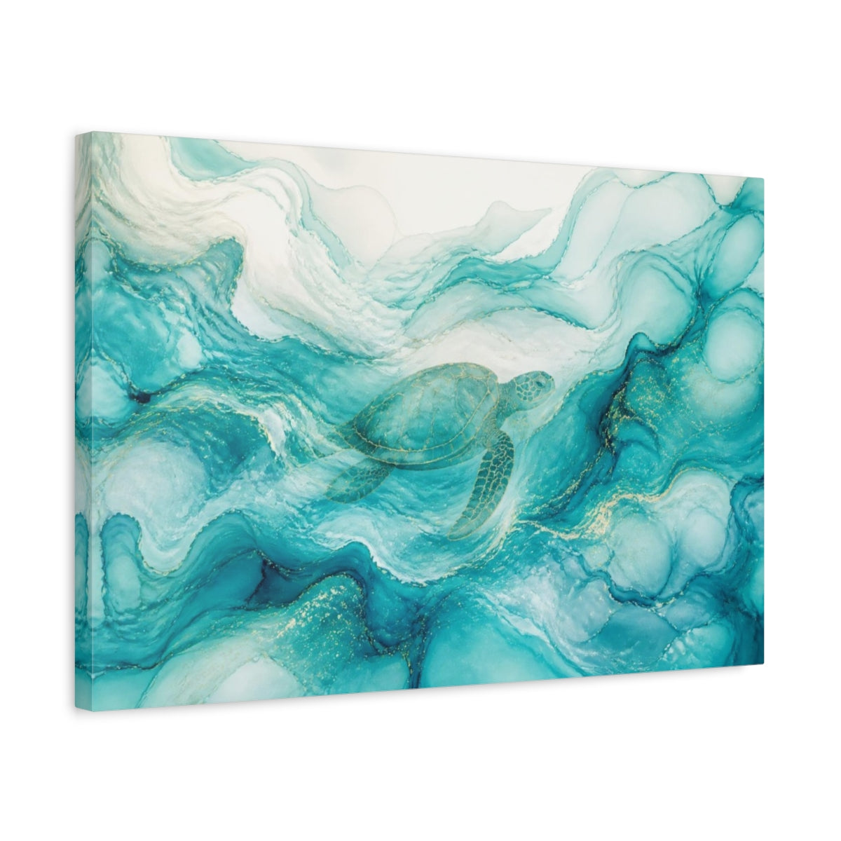 Side Mockup 3. Abstract Aqua Sea Turtle shown as canvas print
