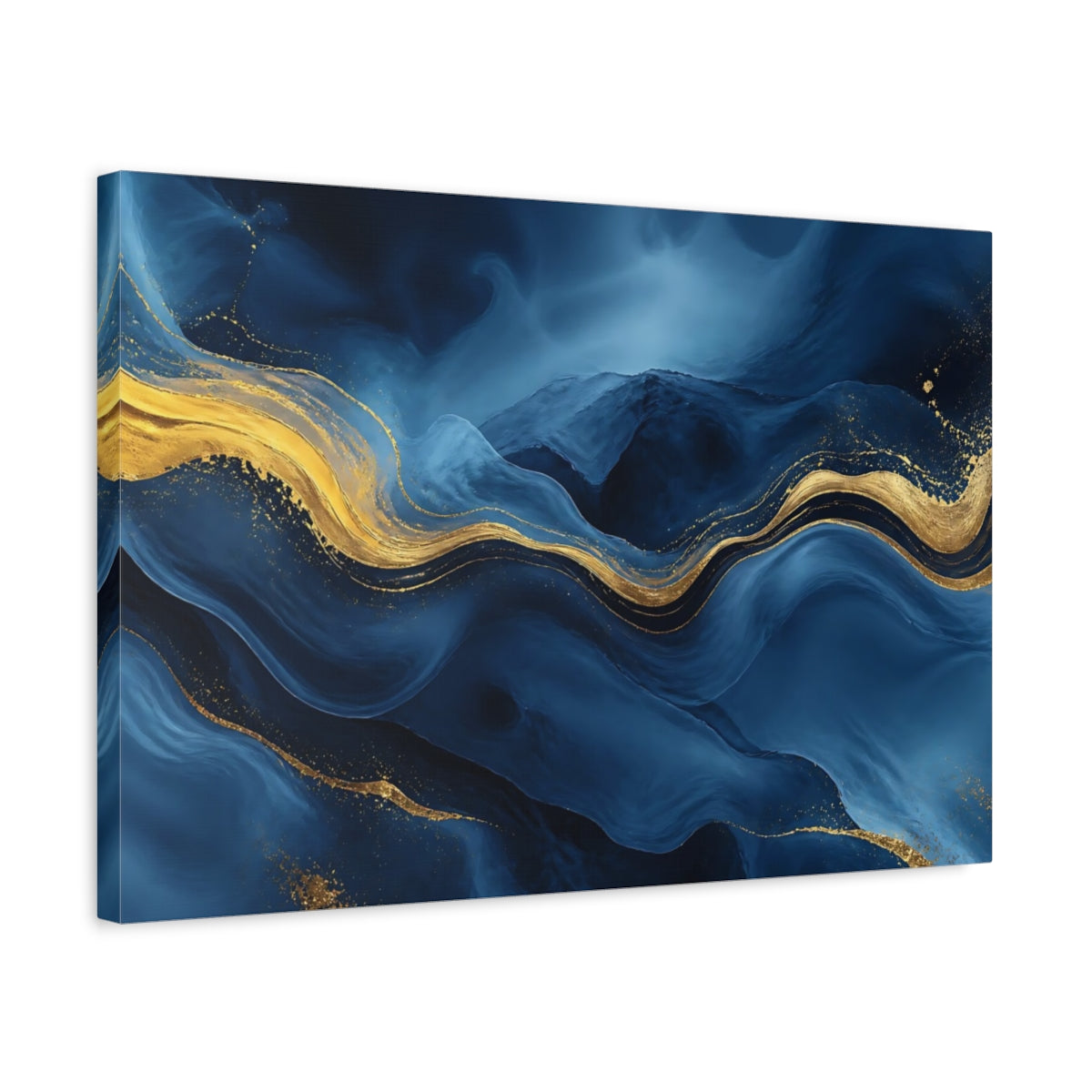 Side Mockup 3. Abstract Blue Waves With Gold shown as canvas print