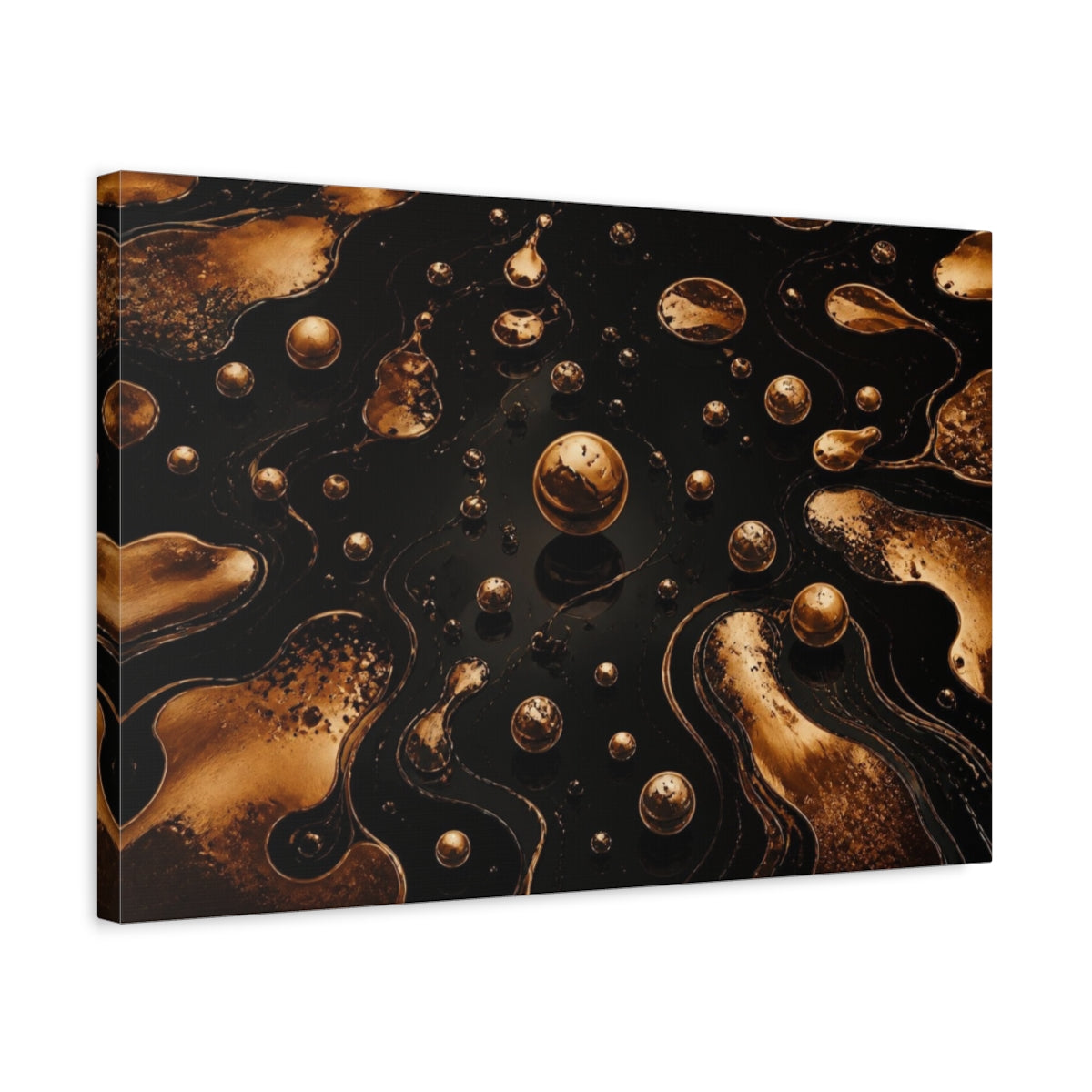 Side Mockup 3. Abstract Bronze Droplets shown as canvas print