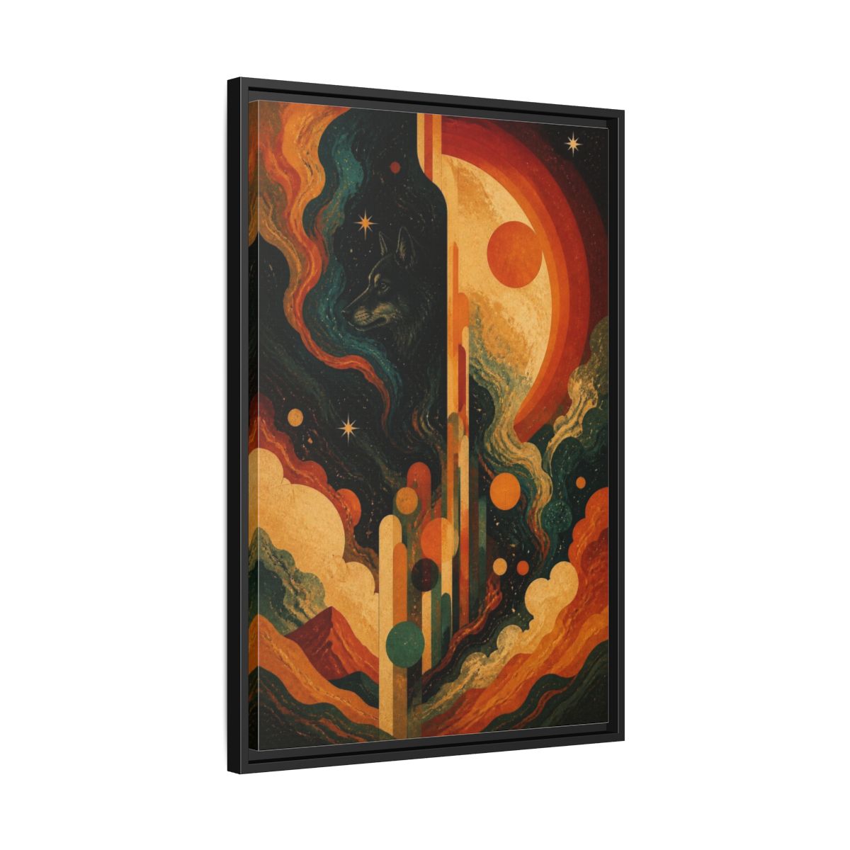 Side Mockup 14. Abstract Cosmic Wolf shown as framed canvas print