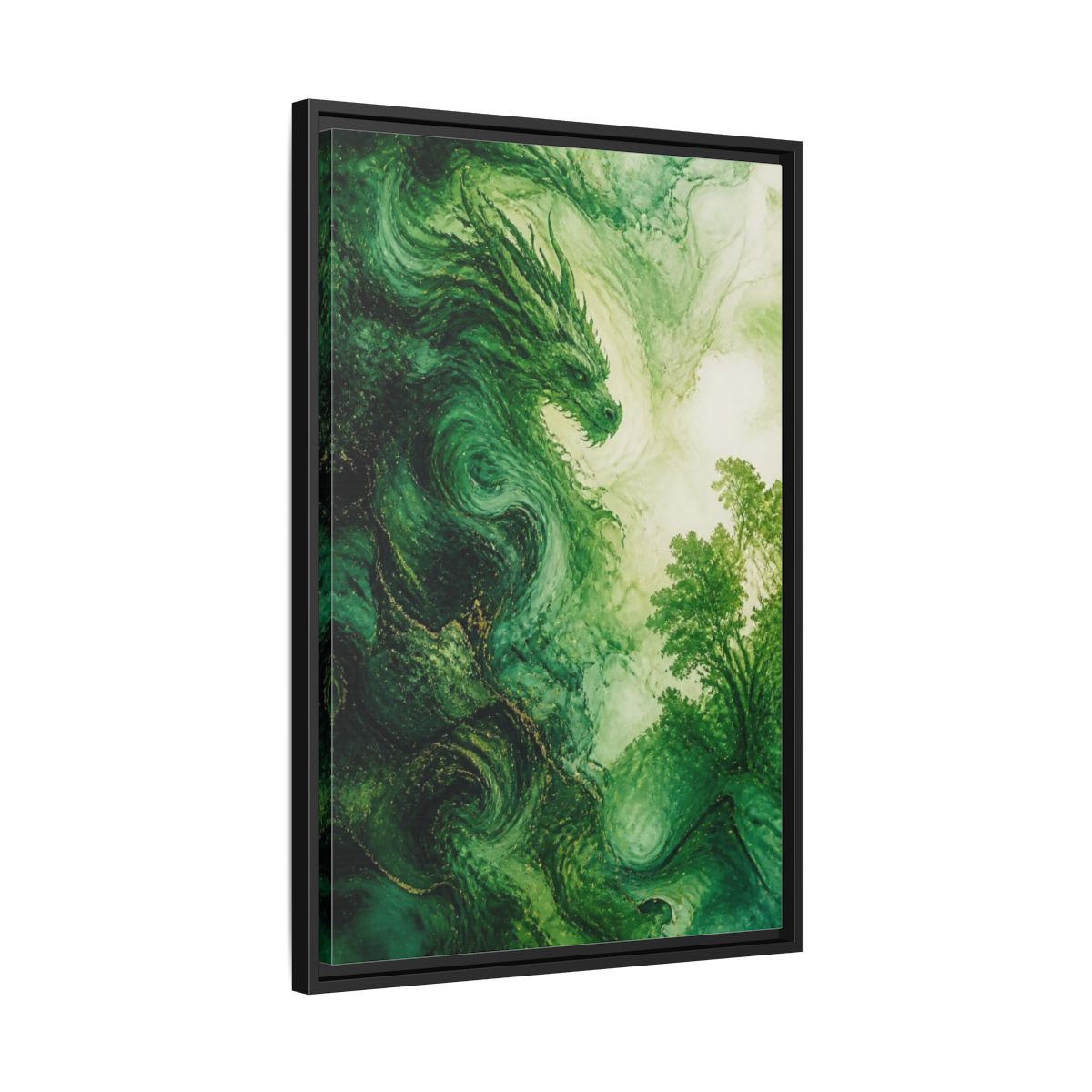 Side Mockup 14. Abstract Emerald Dragon shown as framed canvas print