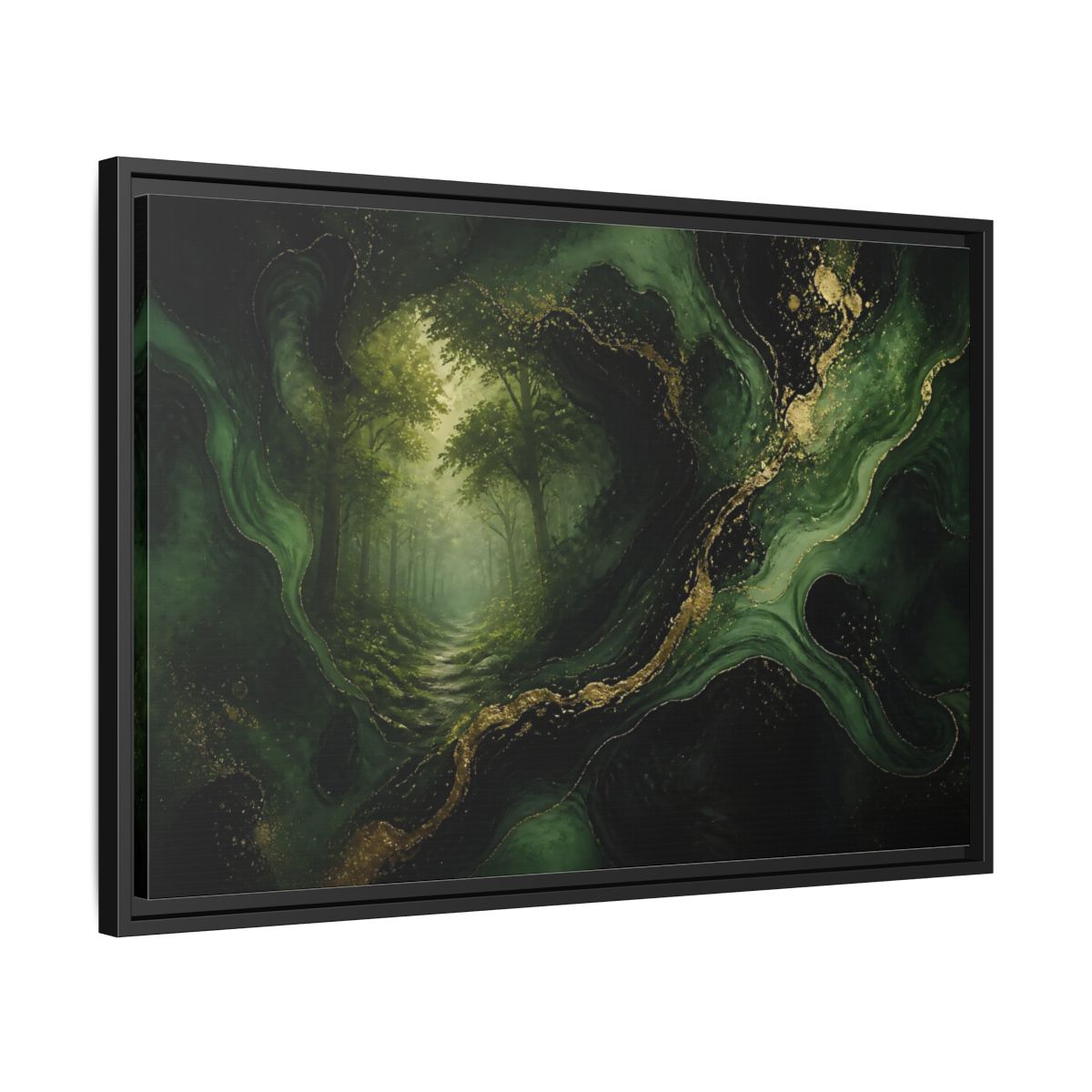 Side Mockup 14. Abstract Emerald Forest Path shown as framed canvas print