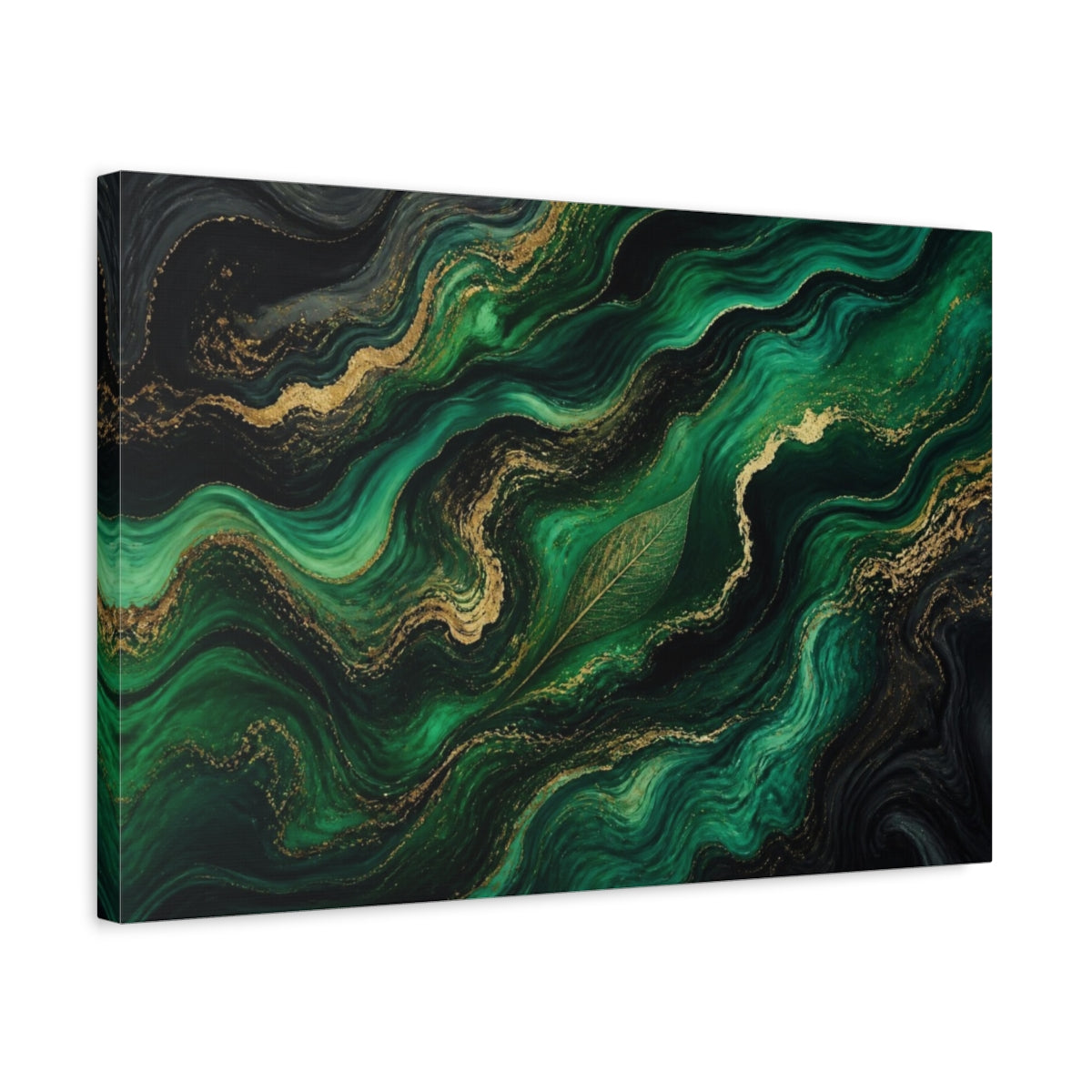 Side Mockup 3. Abstract Emerald Leaf Wave shown as canvas print