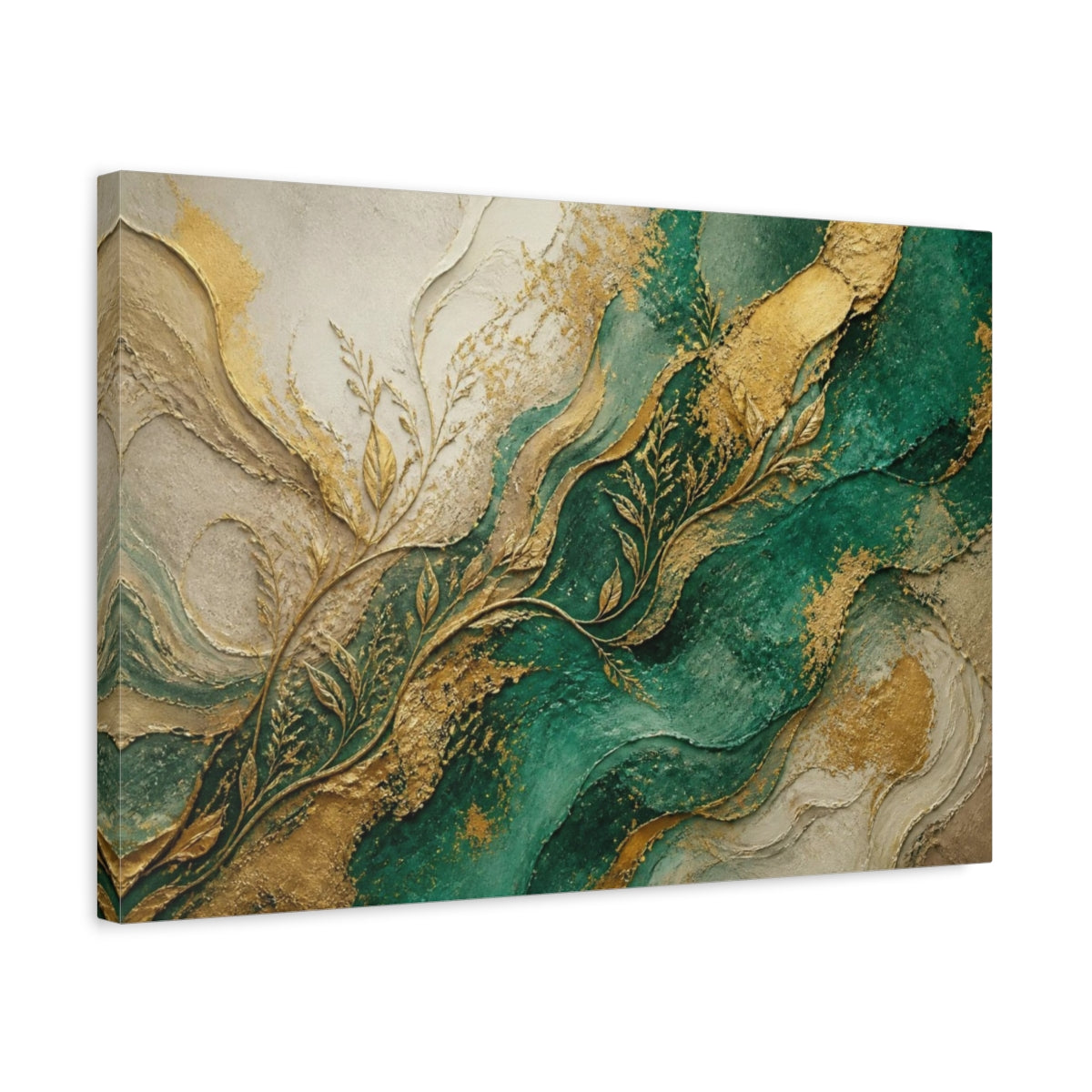 Side Mockup 3. Abstract Emerald Tendrils shown as canvas print