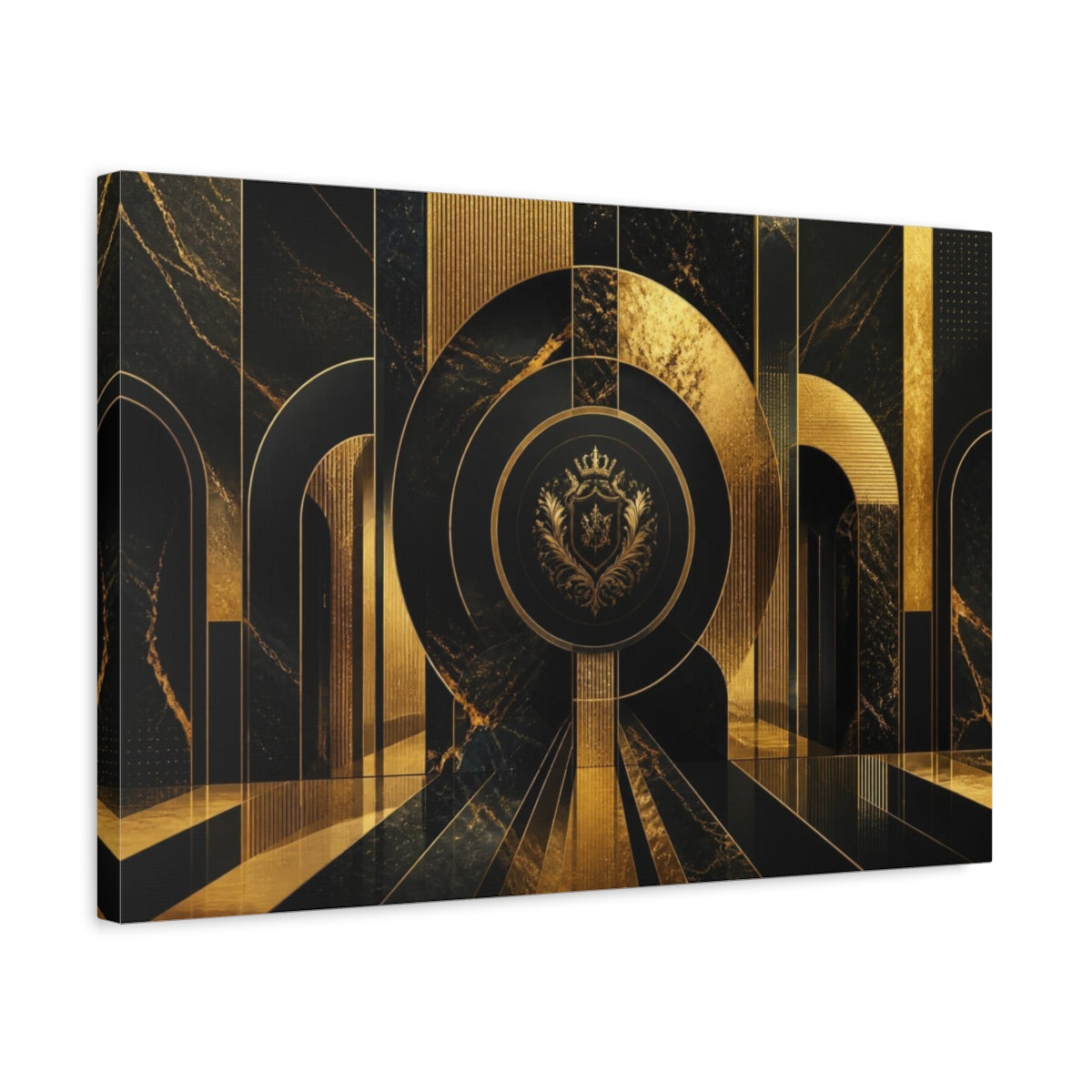 Side Mockup 3. Abstract Gold Crest shown as canvas print