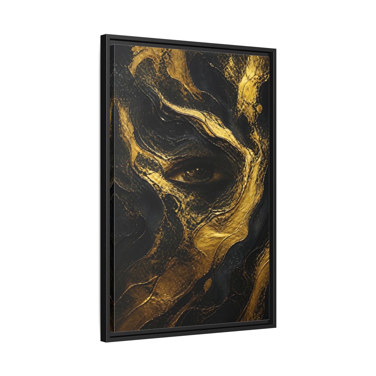 Side Mockup 14. Abstract Gold Eye shown as framed canvas print