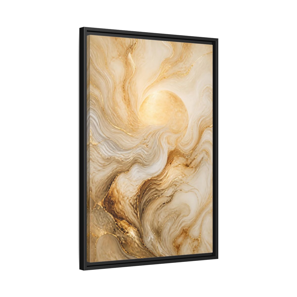 Side Mockup 14. Abstract Gold Sun shown as framed canvas print