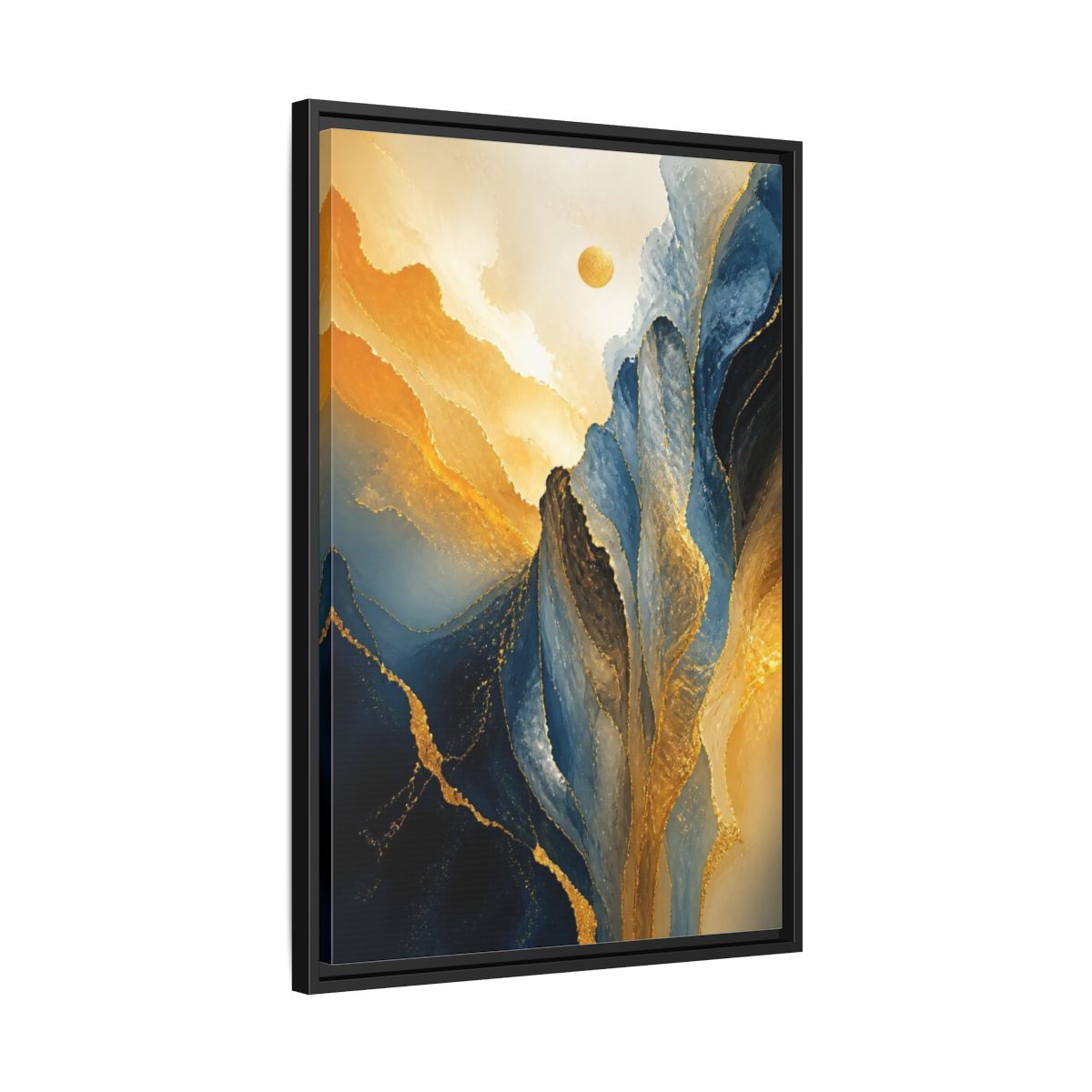 Side Mockup 14. Abstract Golden Peaks shown as framed canvas print