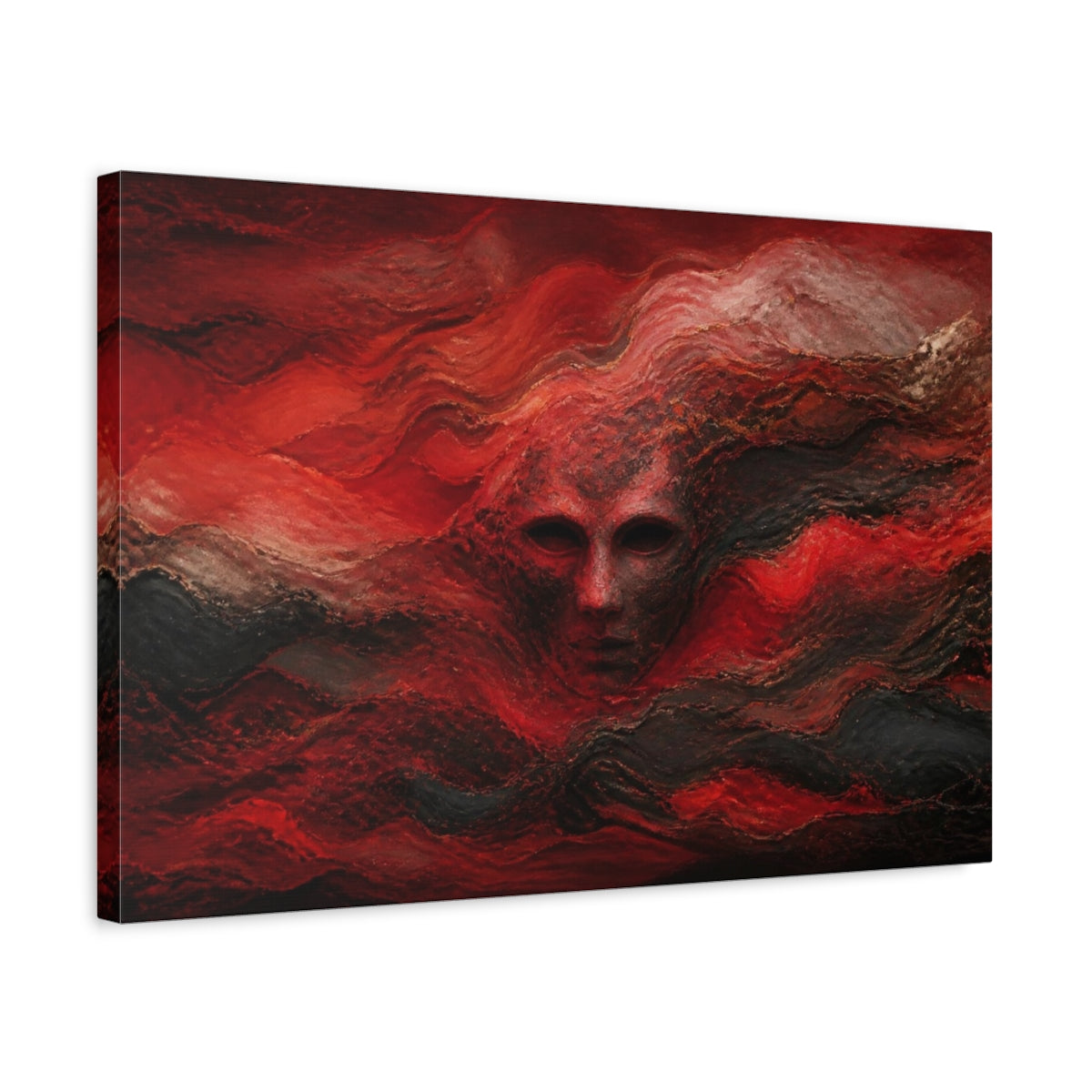Side Mockup 3. Abstract Red Mask shown as canvas print