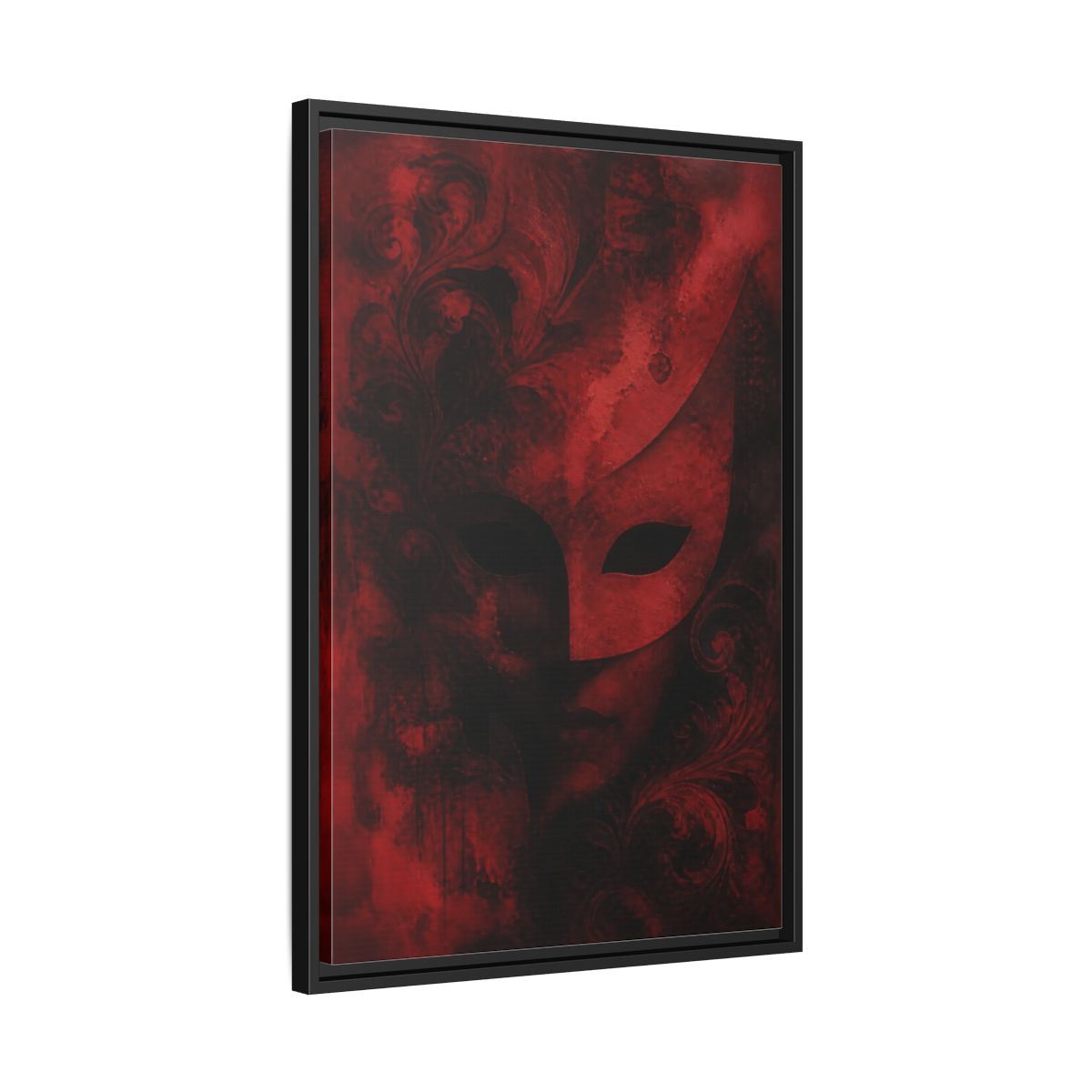 Side Mockup 14. Abstract Red Masquerade Mask shown as framed canvas print