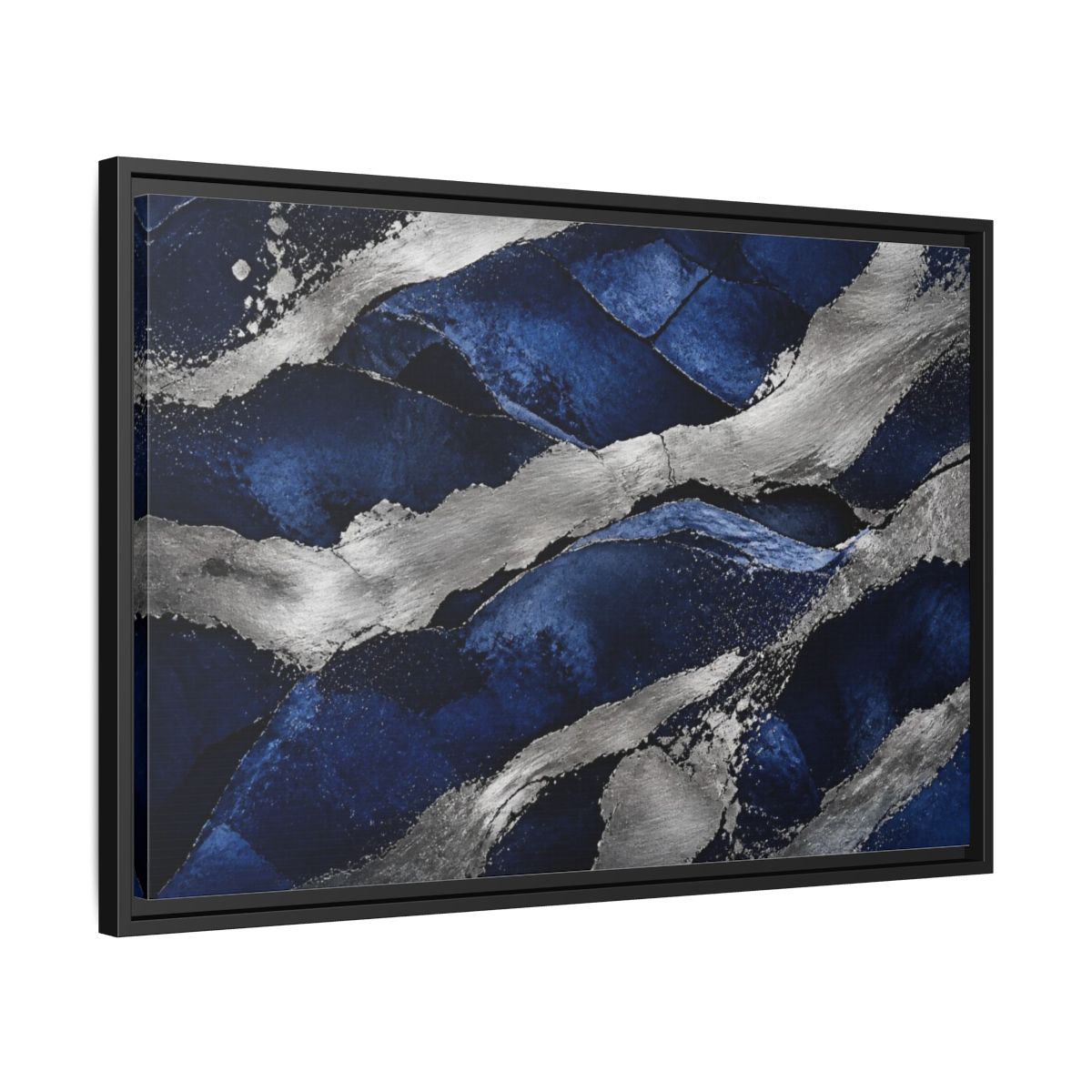Side Mockup 14. Abstract Silver Bands shown as framed canvas print