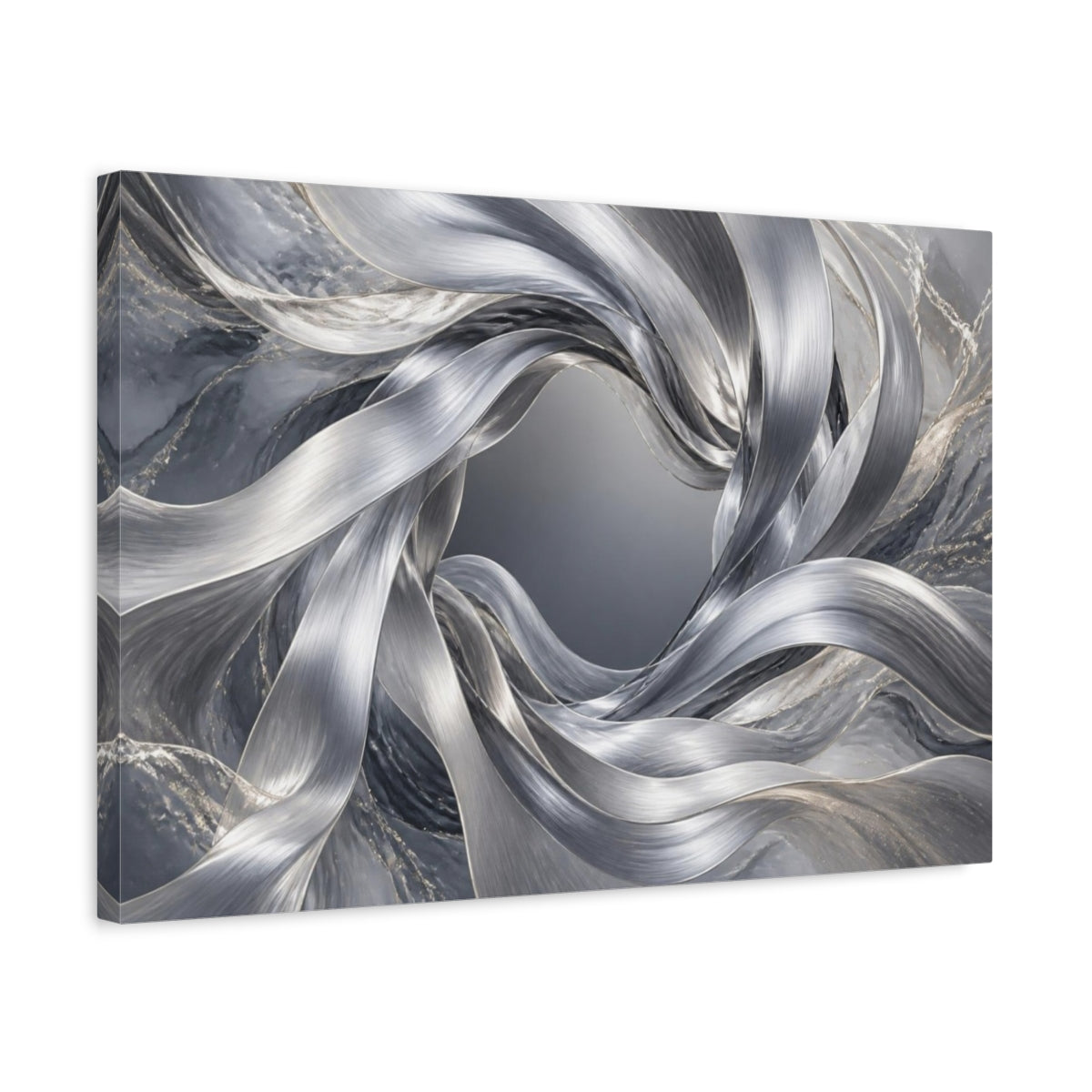Side Mockup 3. Abstract Silver Ribbon Vortex shown as canvas print
