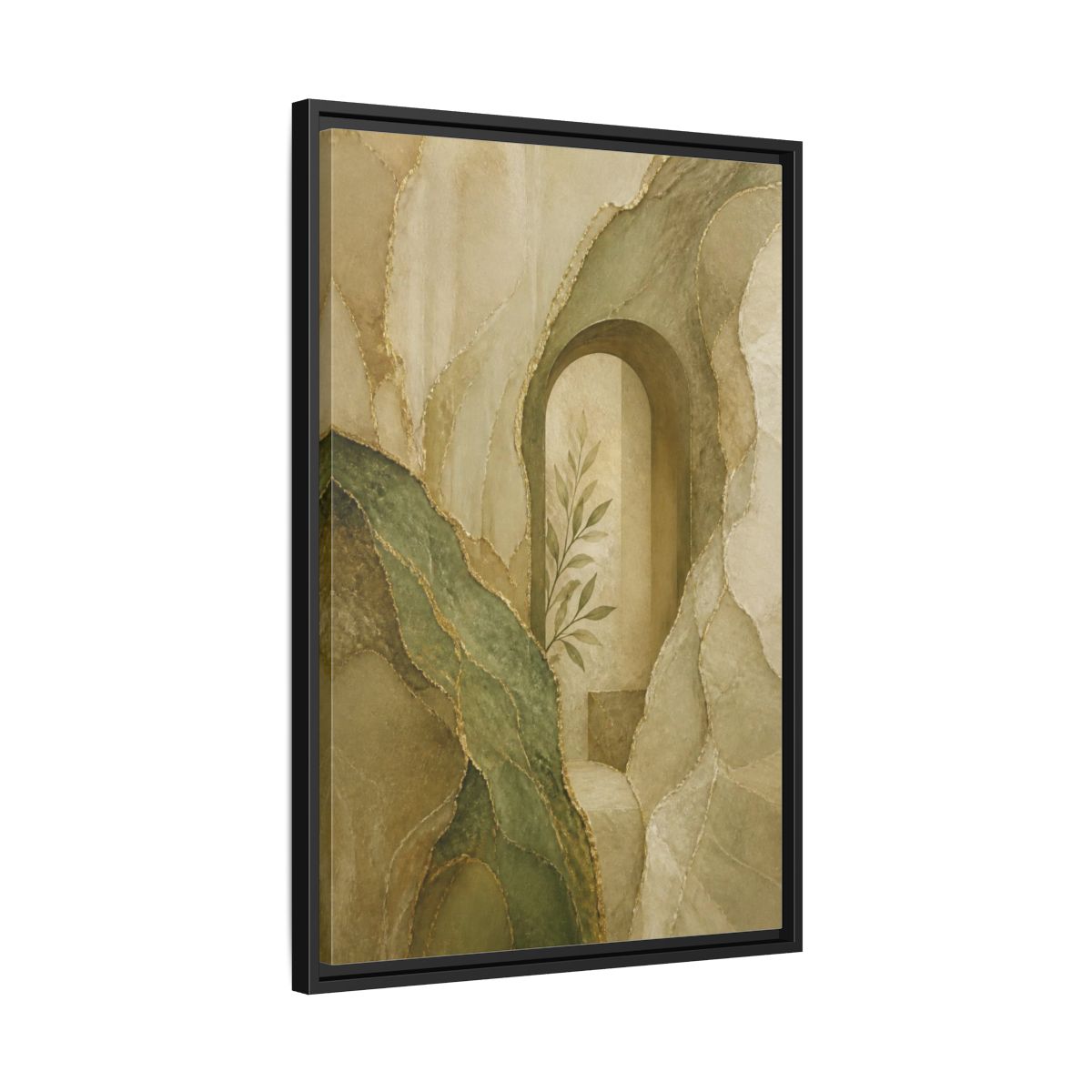Side Mockup 14. Abstract Stone Arch With Olive Branch shown as framed canvas print