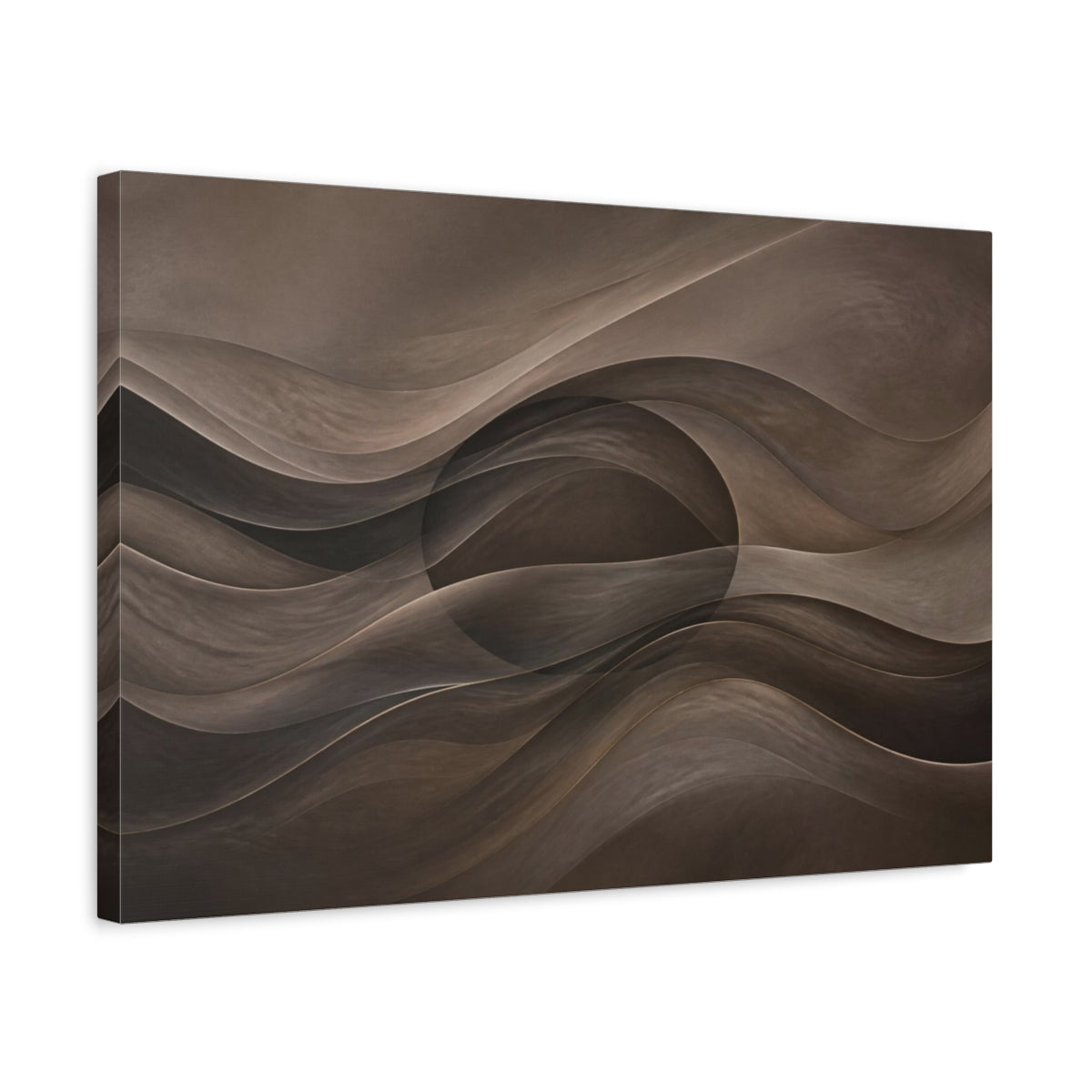 Side Mockup 3. Abstract Taupe Oval Waves shown as canvas print