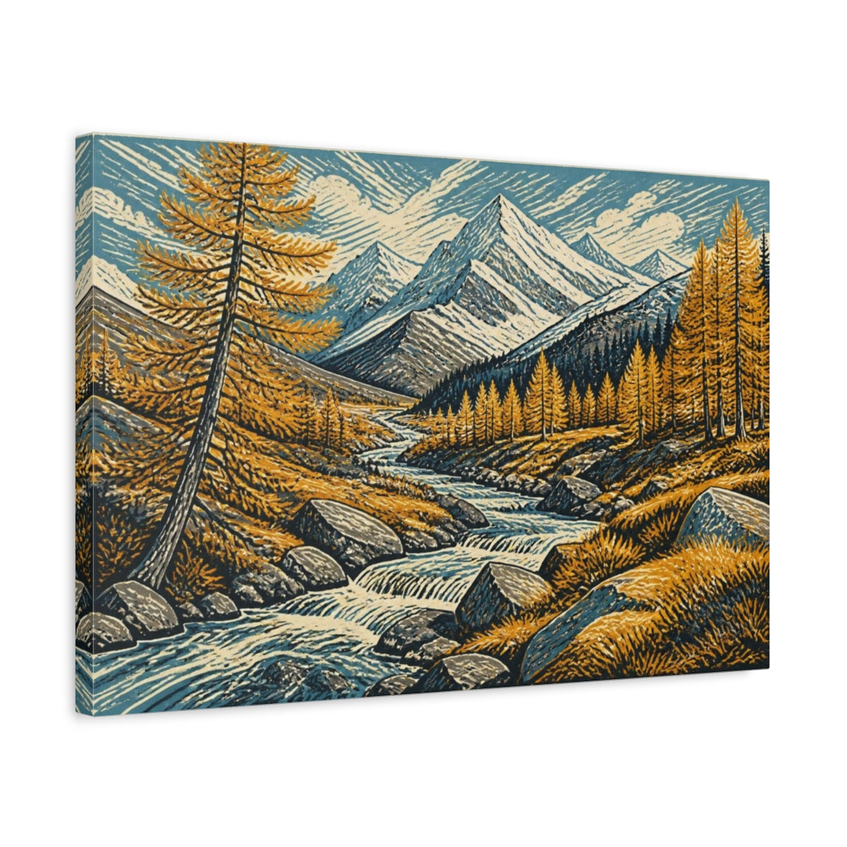 Side Mockup 3. Alpine Landscape With Larches shown as canvas print