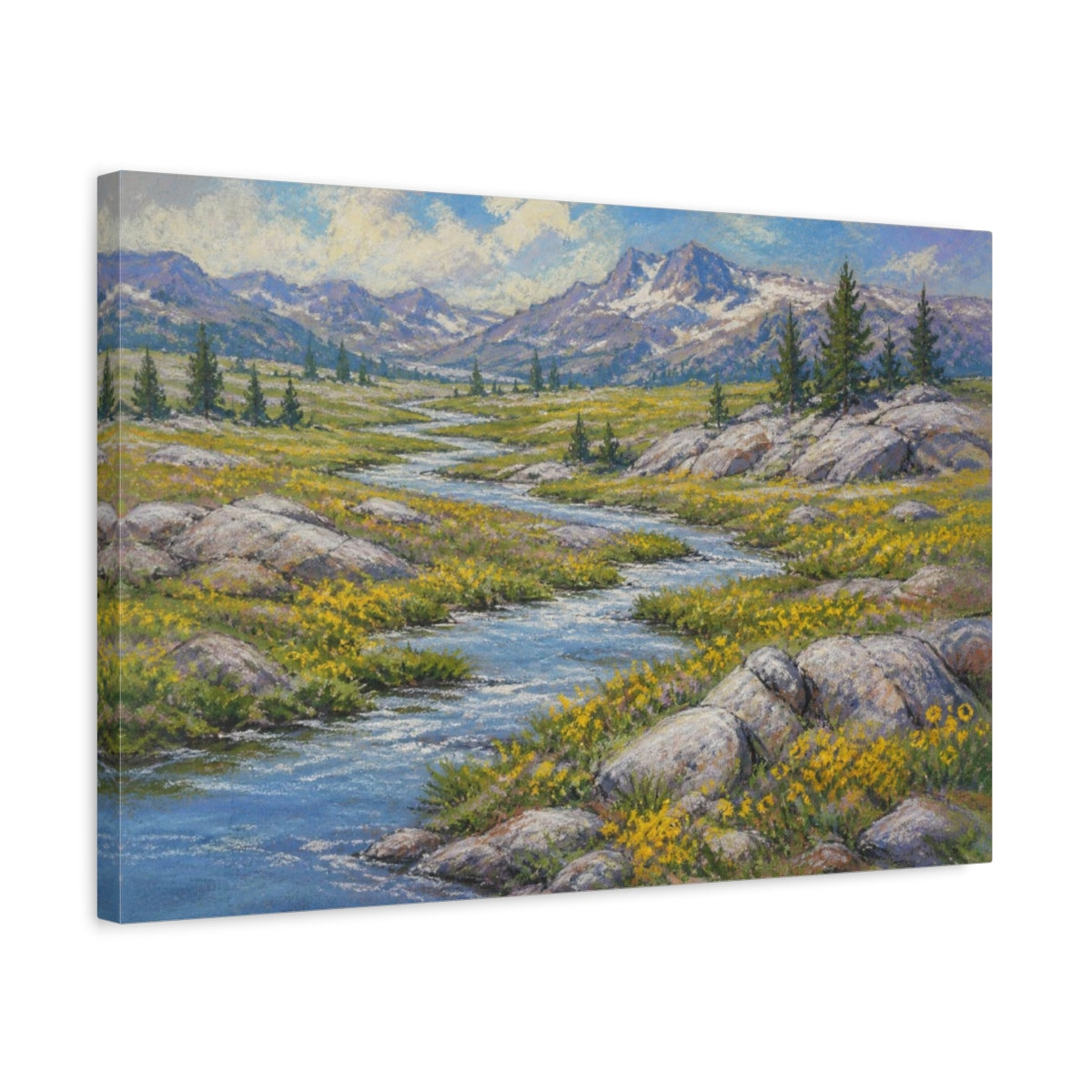 Side Mockup 3. Alpine Meadow Landscape shown as canvas print