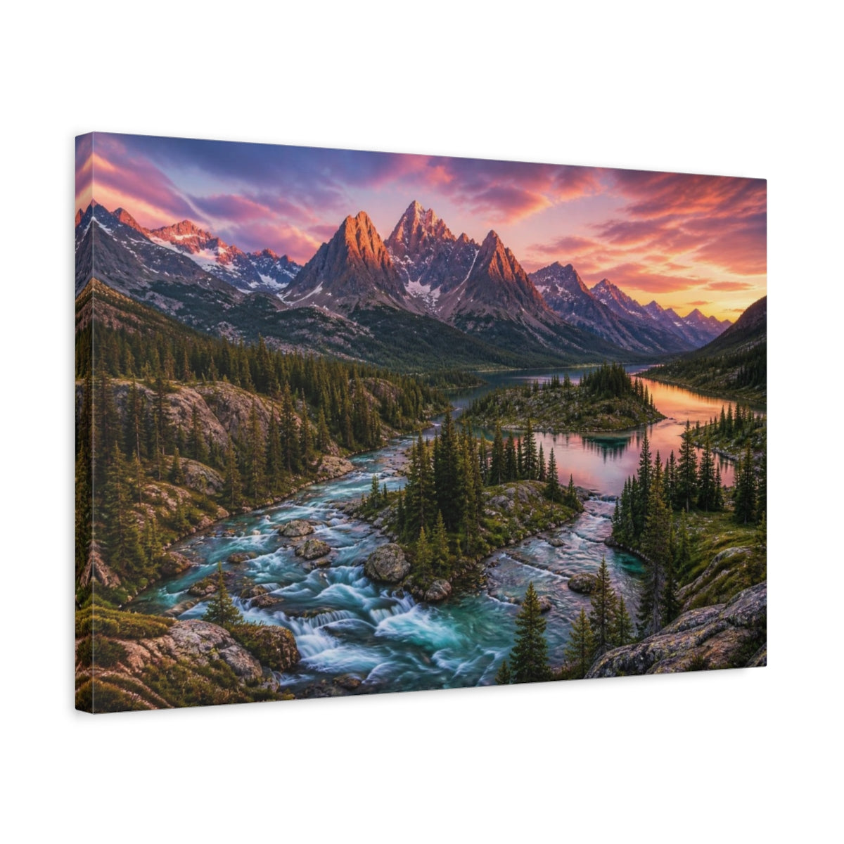 Side Mockup 3. Alpine Mountain Landscape At Sunset shown as canvas print