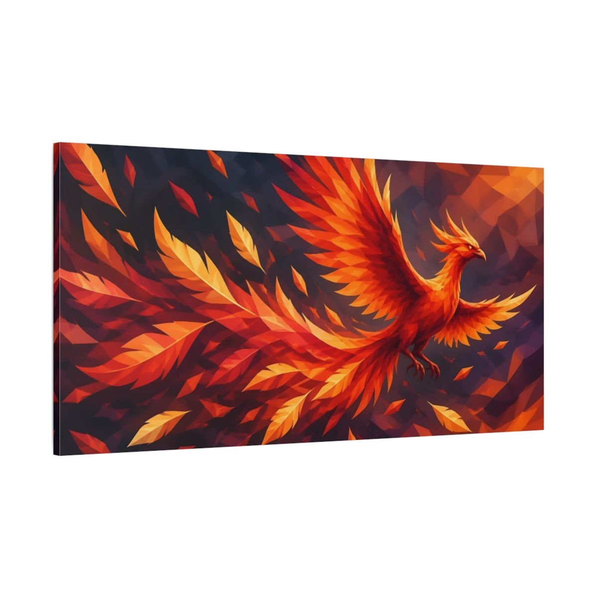 Side Mockup 2. Animals Fiery Geometric Phoenix shown as canvas print