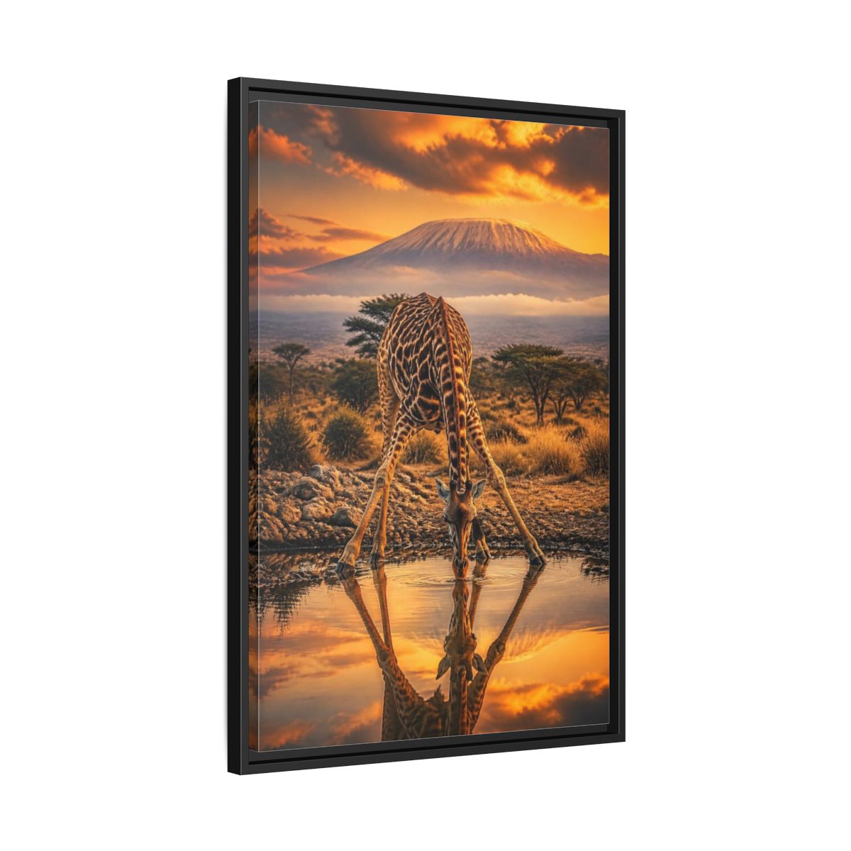 Side Mockup 14. Animals Giraffe At Waterhole shown as framed canvas print