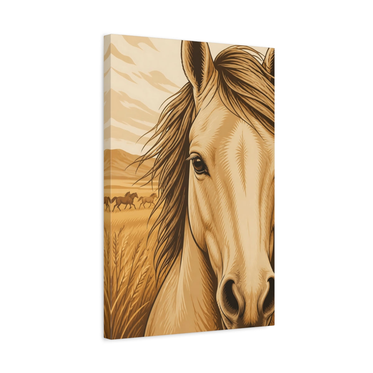 Side Mockup 3. Animals Golden Prairie Horse Portrait shown as canvas print