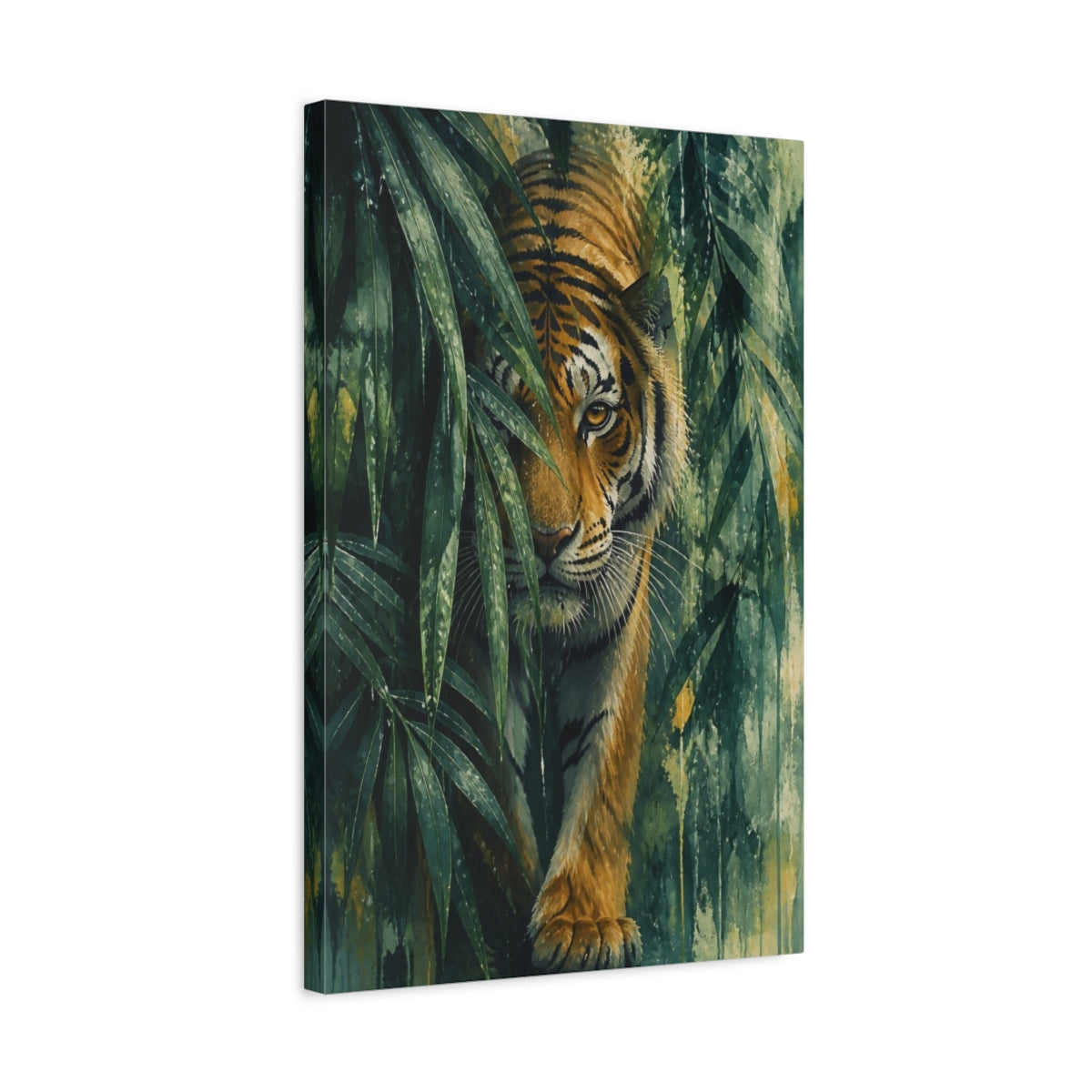 Side Mockup 3. Animals Hidden Tiger In Foliage shown as canvas print