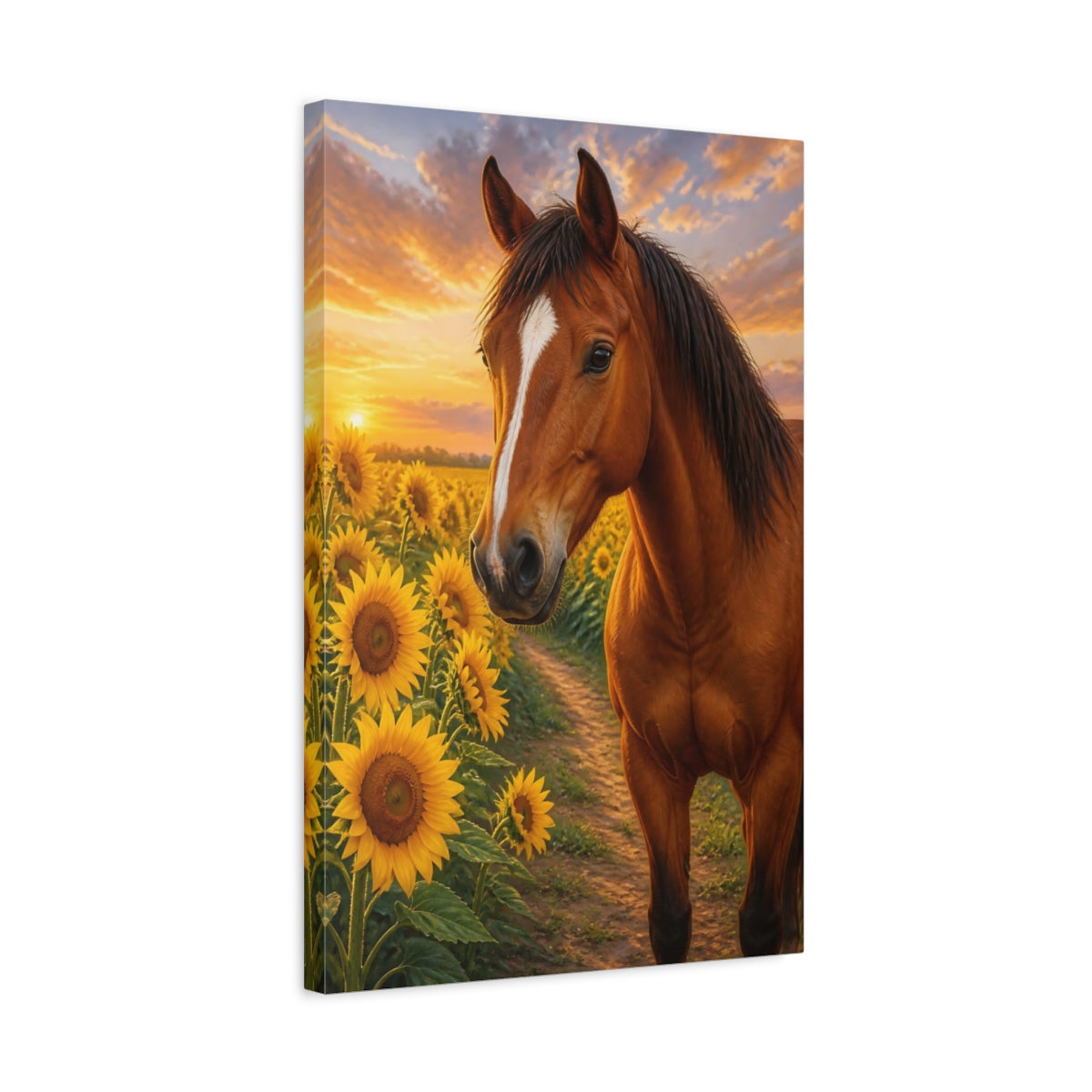 Side Mockup 3. Animals Horse Among Sunflowers shown as canvas print