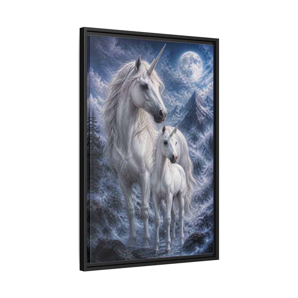 Side Mockup 14. Animals Moonlit White Unicorns shown as framed canvas print