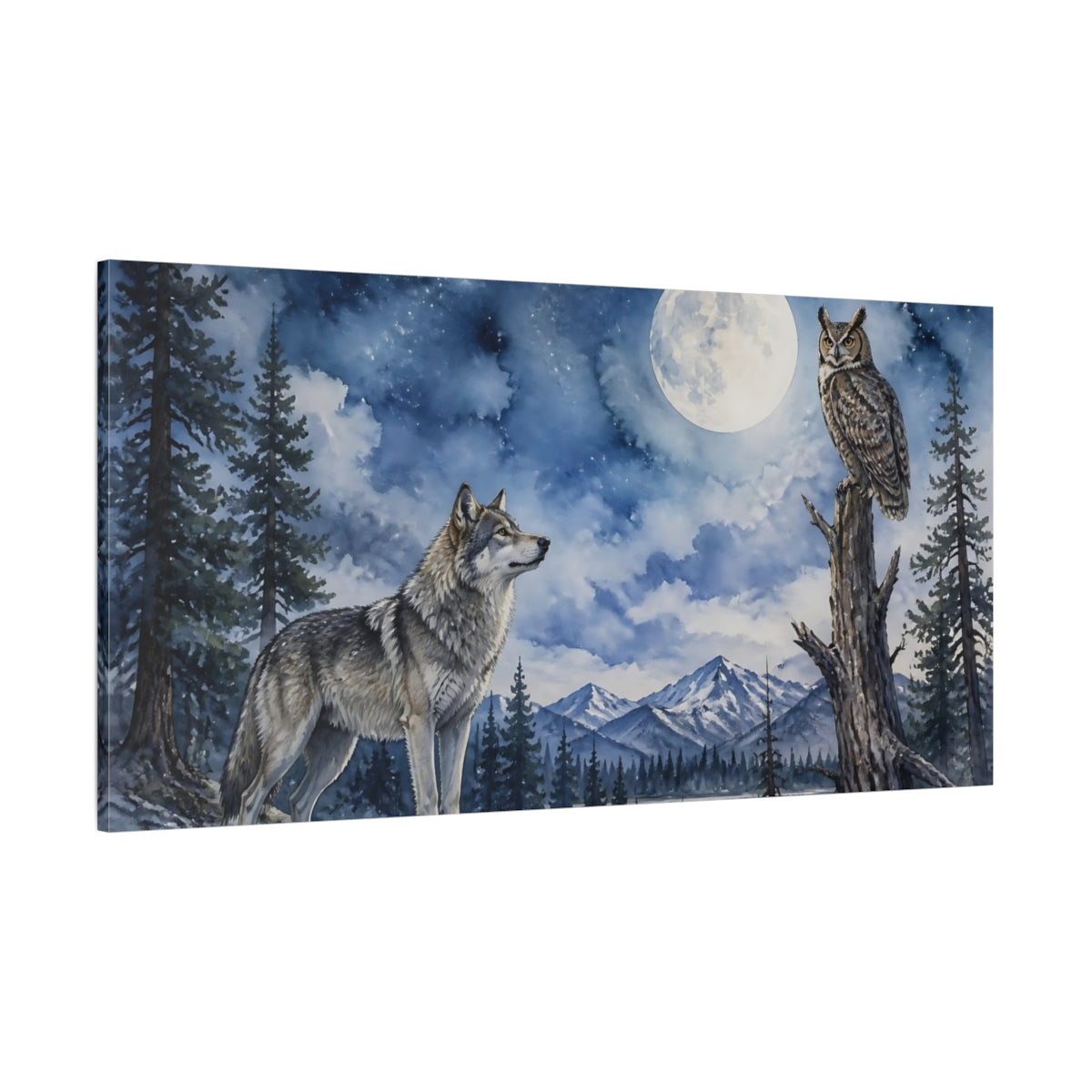 Side Mockup 2. Animals Moonlit Wolf And Owl shown as canvas print