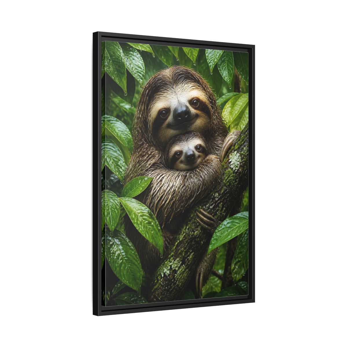 Side Mockup 14. Animals Rain-Soaked Sloth Embrace shown as framed canvas print