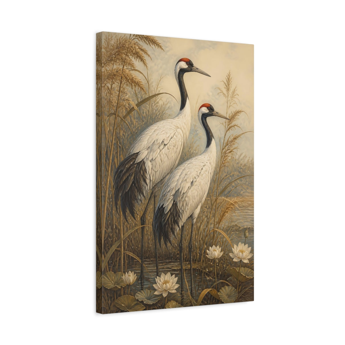 Side Mockup 3. Animals Red-Crowned Crane Pair shown as canvas print