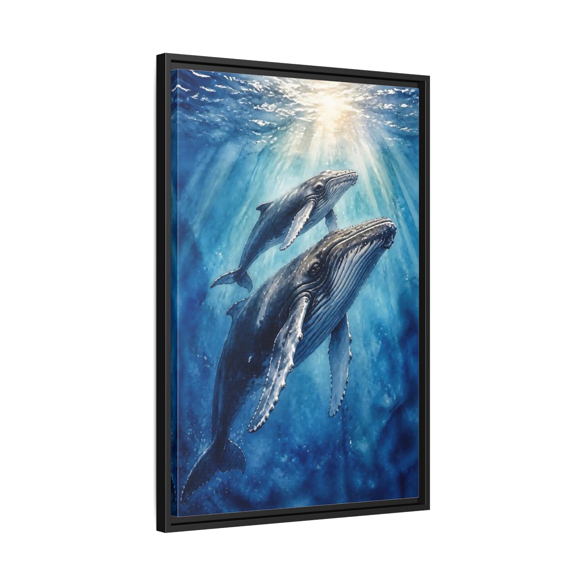 Side Mockup 14. Animals Rising Humpback Whales shown as framed canvas print