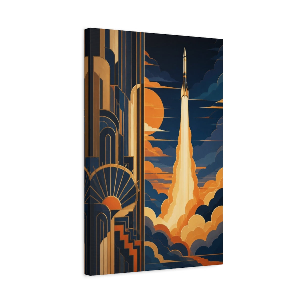 Side Mockup 3. Art Deco Rocket Launch shown as canvas print