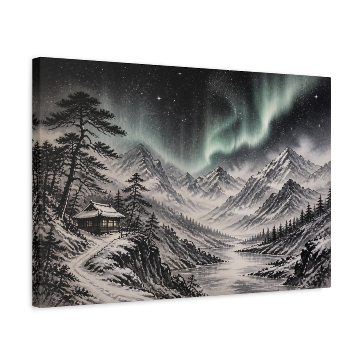 Side Mockup 3. Aurora Mountain Landscape shown as canvas print