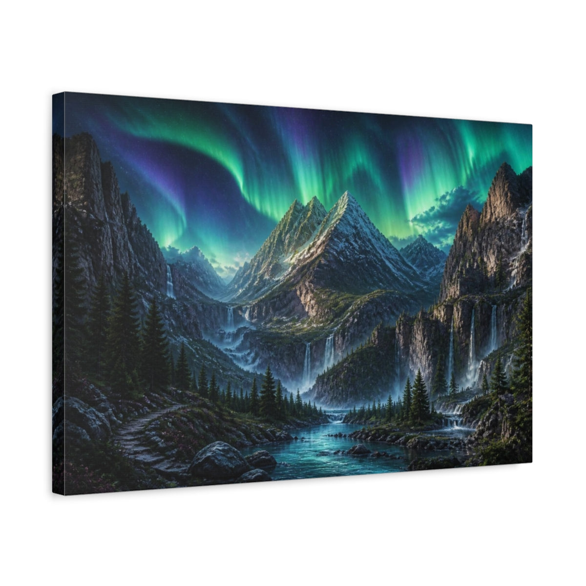 Side Mockup 3. Aurora Over Mountain Peaks shown as canvas print