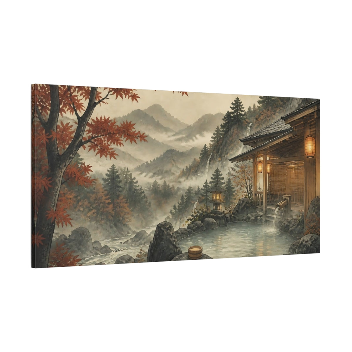 Side Mockup 2. Autumn Mountain Hot Spring shown as canvas print