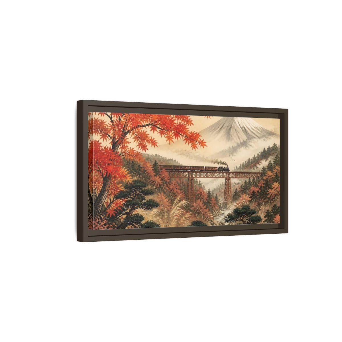 Side Mockup 7. Autumn Steam Train Bridge shown as framed canvas print