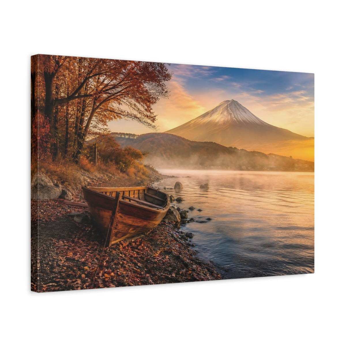 Side Mockup 3. Autumn Wooden Boat Landscape shown as canvas print
