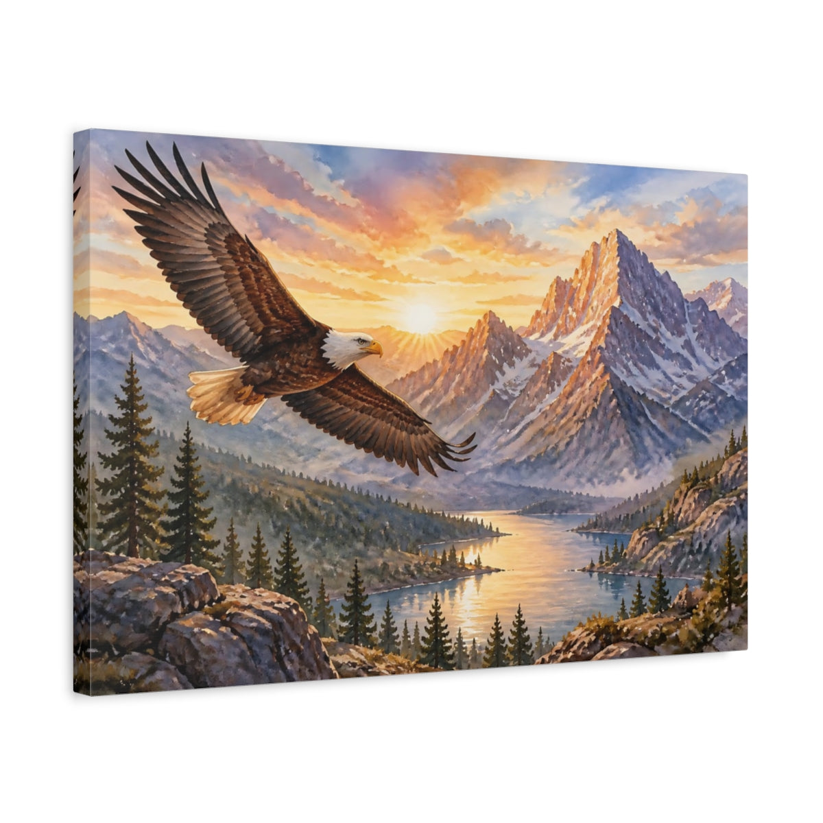 Side Mockup 3. Bald Eagle Sunrise Landscape shown as canvas print