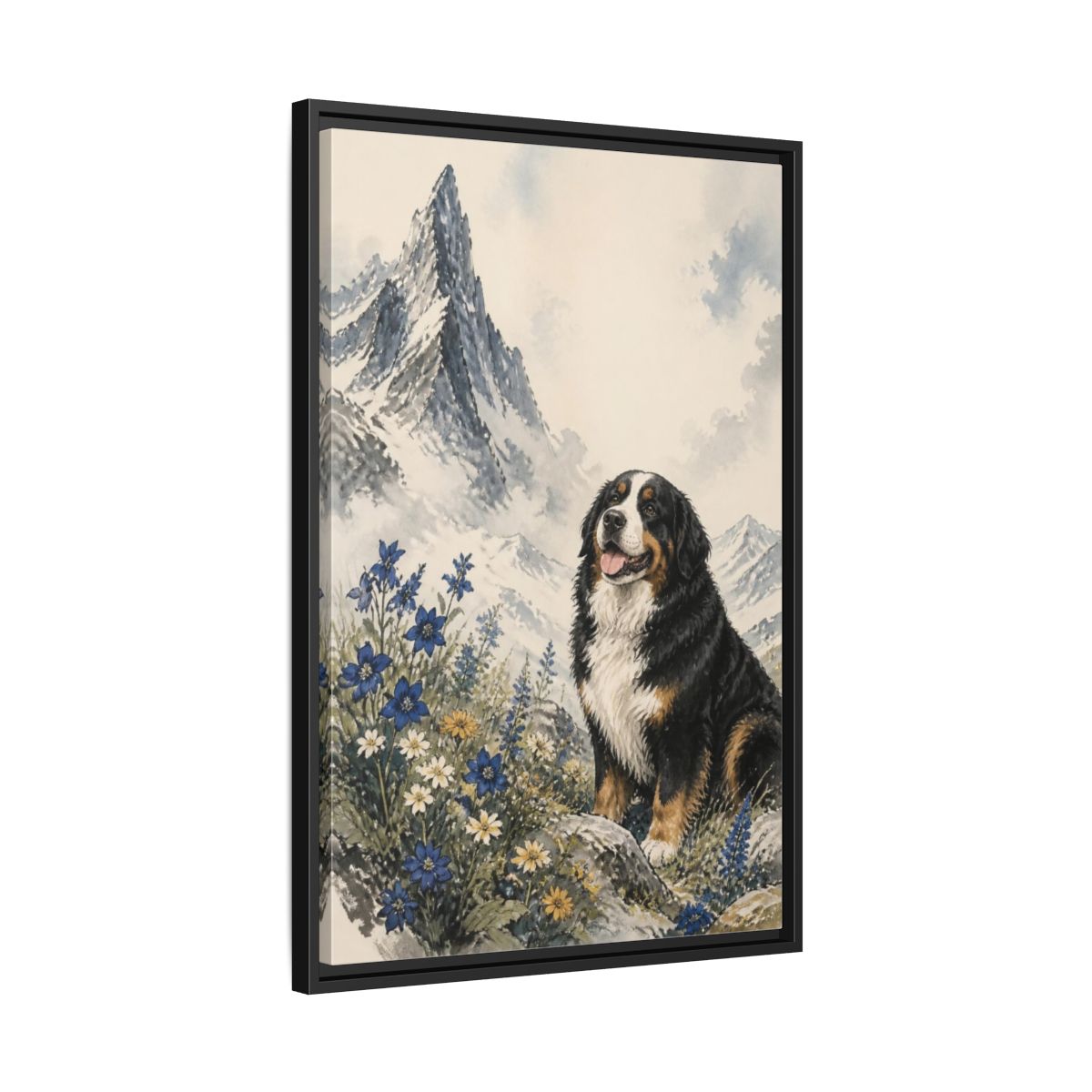 Side Mockup 14. Bernese Pet Portrait shown as framed canvas print