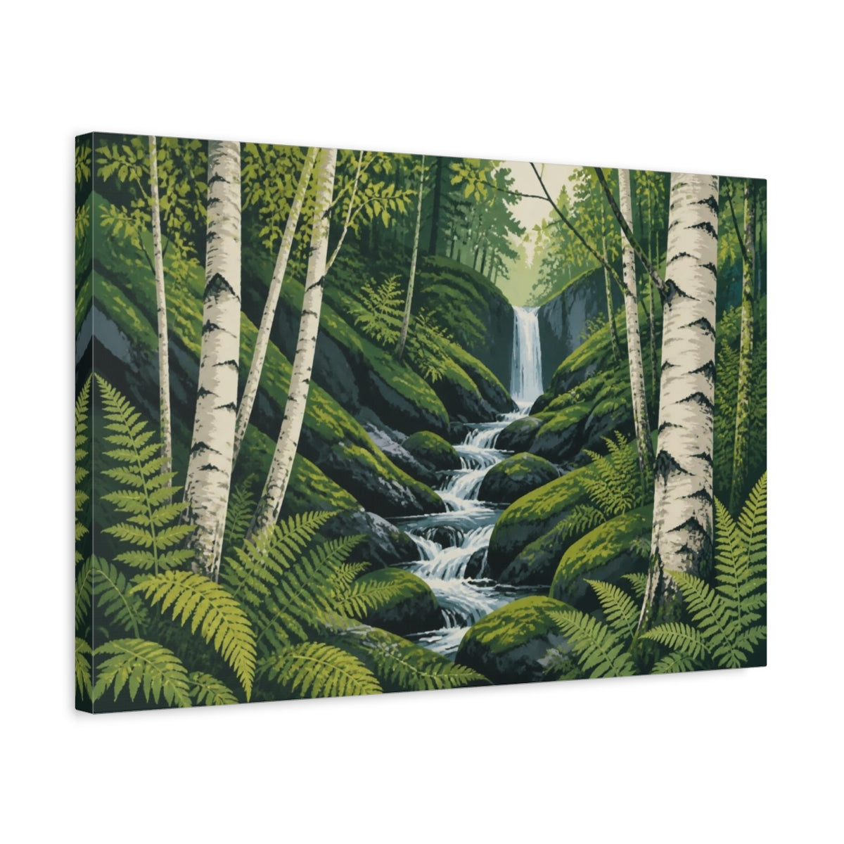 Side Mockup 3. Birch Trunks Landscape Waterfall shown as canvas print