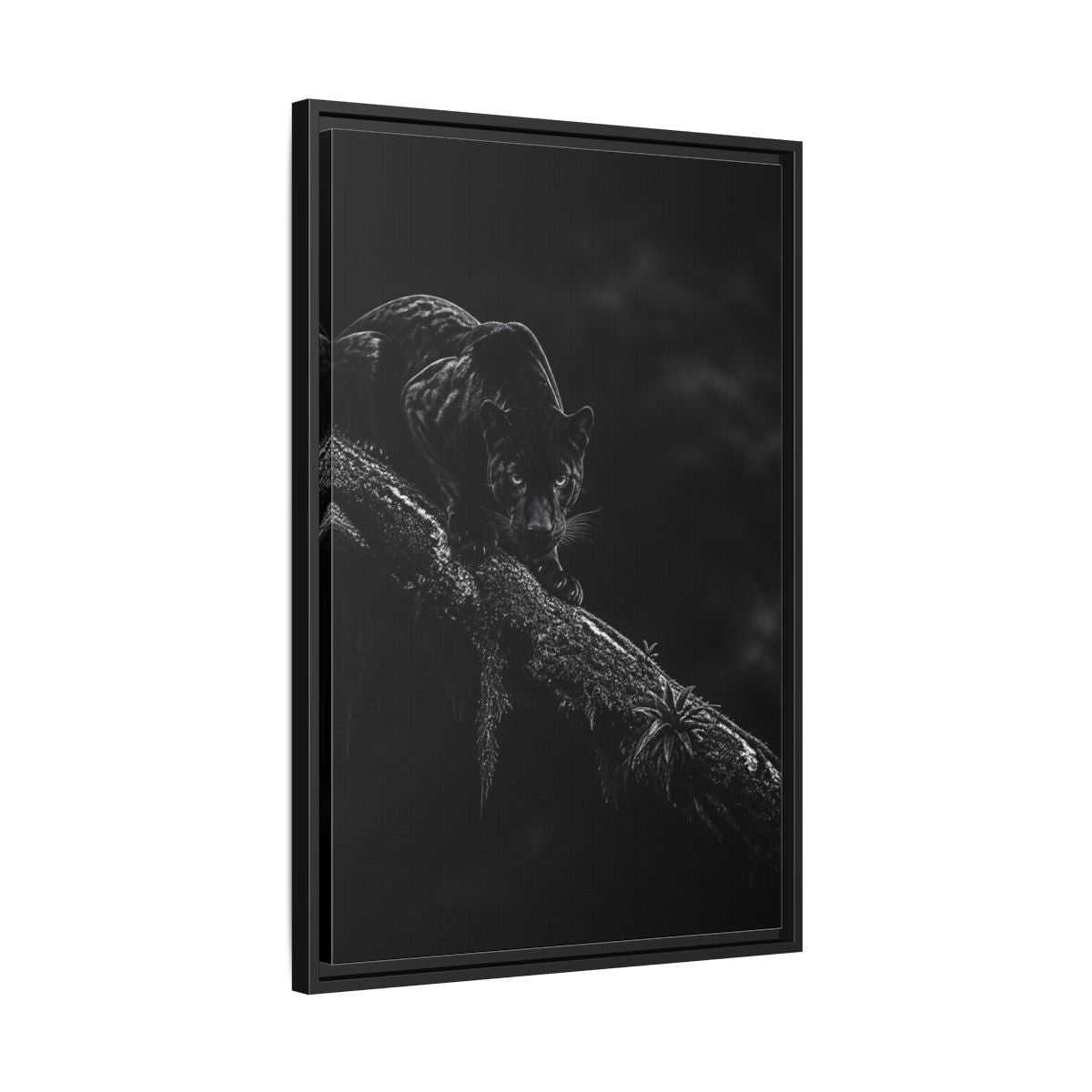 Side Mockup 14. Black Panther On Branch shown as framed canvas print