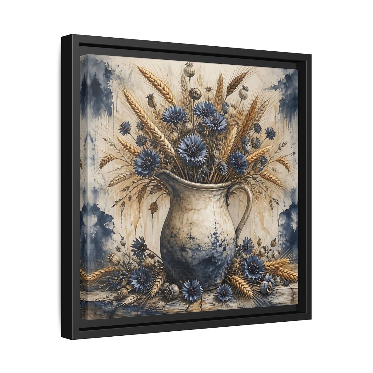 Side Mockup 32. Blue Cornflower Pitcher Bouquet shown as framed canvas print