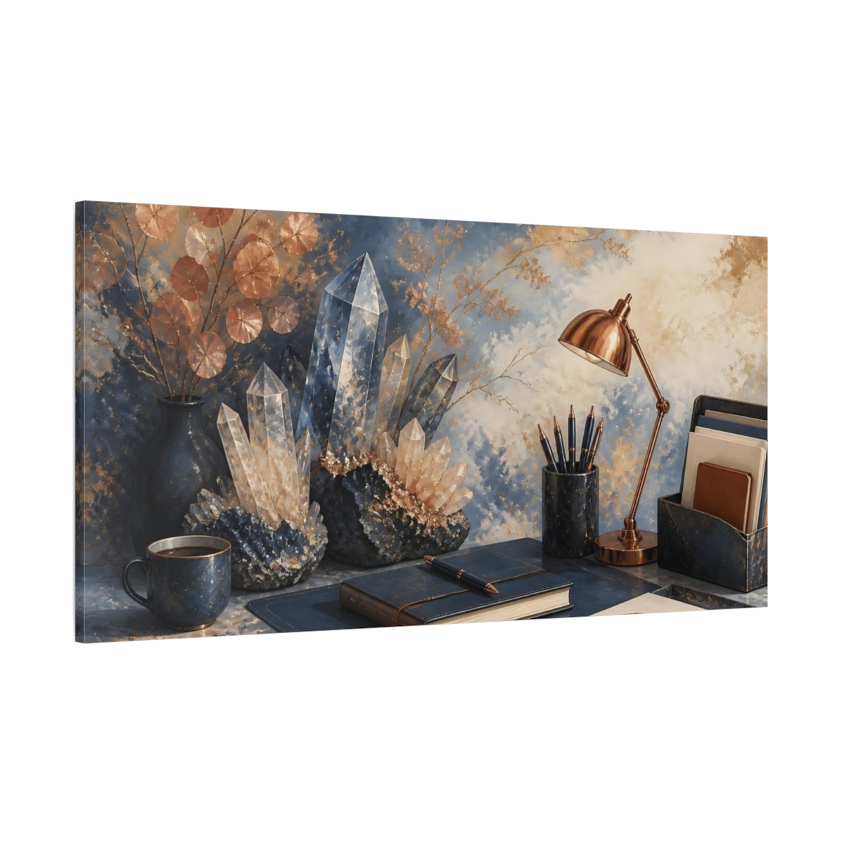 Side Mockup 2. Blue Crystal Desk Scene shown as canvas print