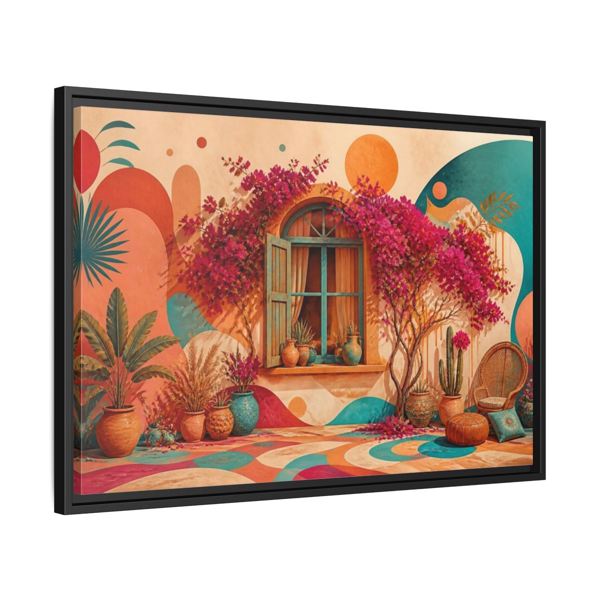Side Mockup 14. Boho Bougainvillea Window shown as framed canvas print