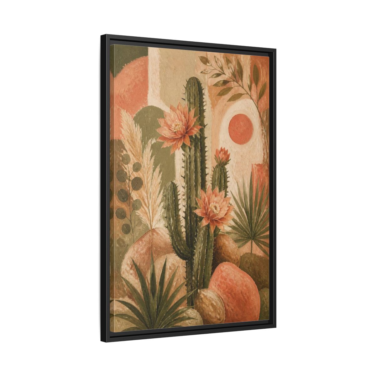 Side Mockup 14. Boho Cactus Bloom shown as framed canvas print