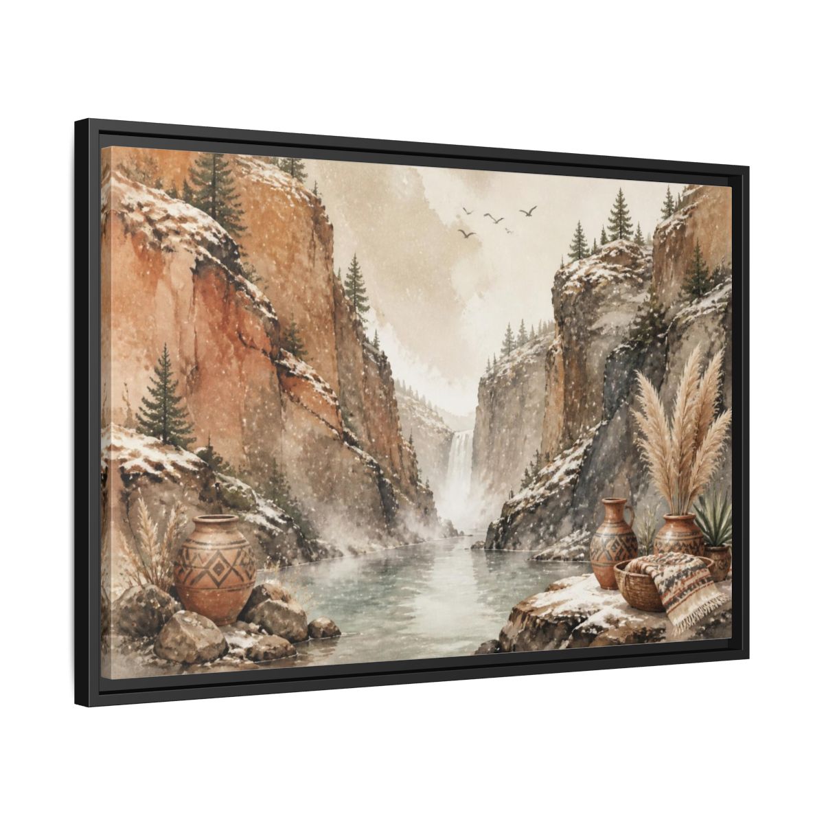 Side Mockup 14. Boho Canyon Waterfall shown as framed canvas print
