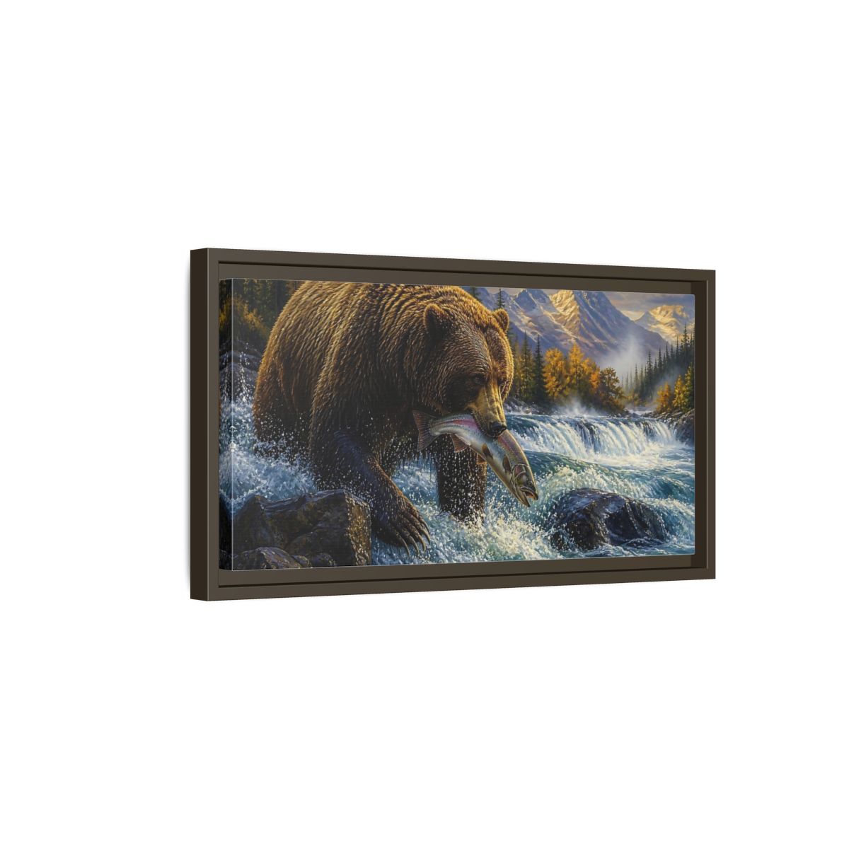 Side Mockup 7. Brown Bear Catching Salmon shown as framed canvas print