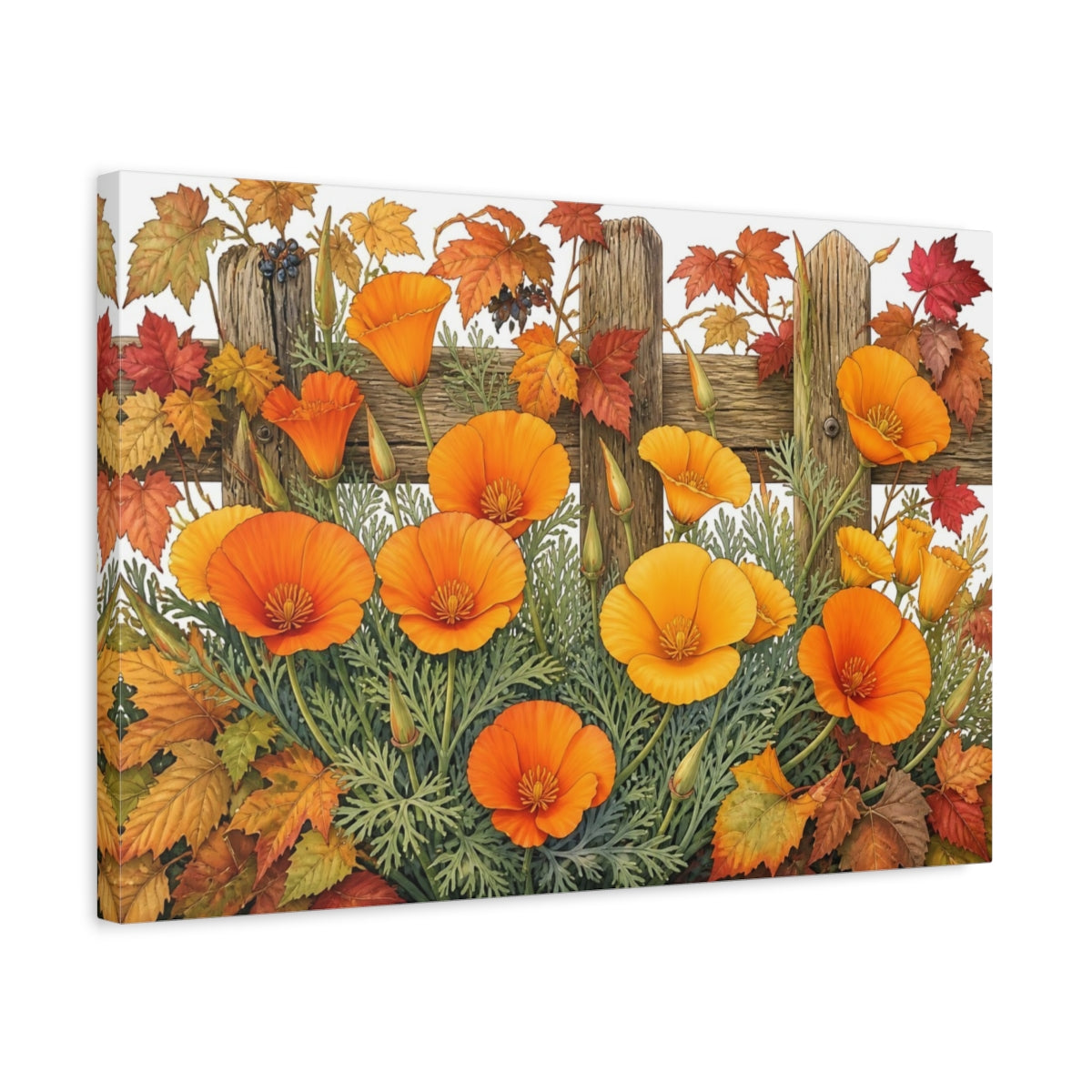 Side Mockup 3. California Poppies & Autumn Leaves shown as canvas print