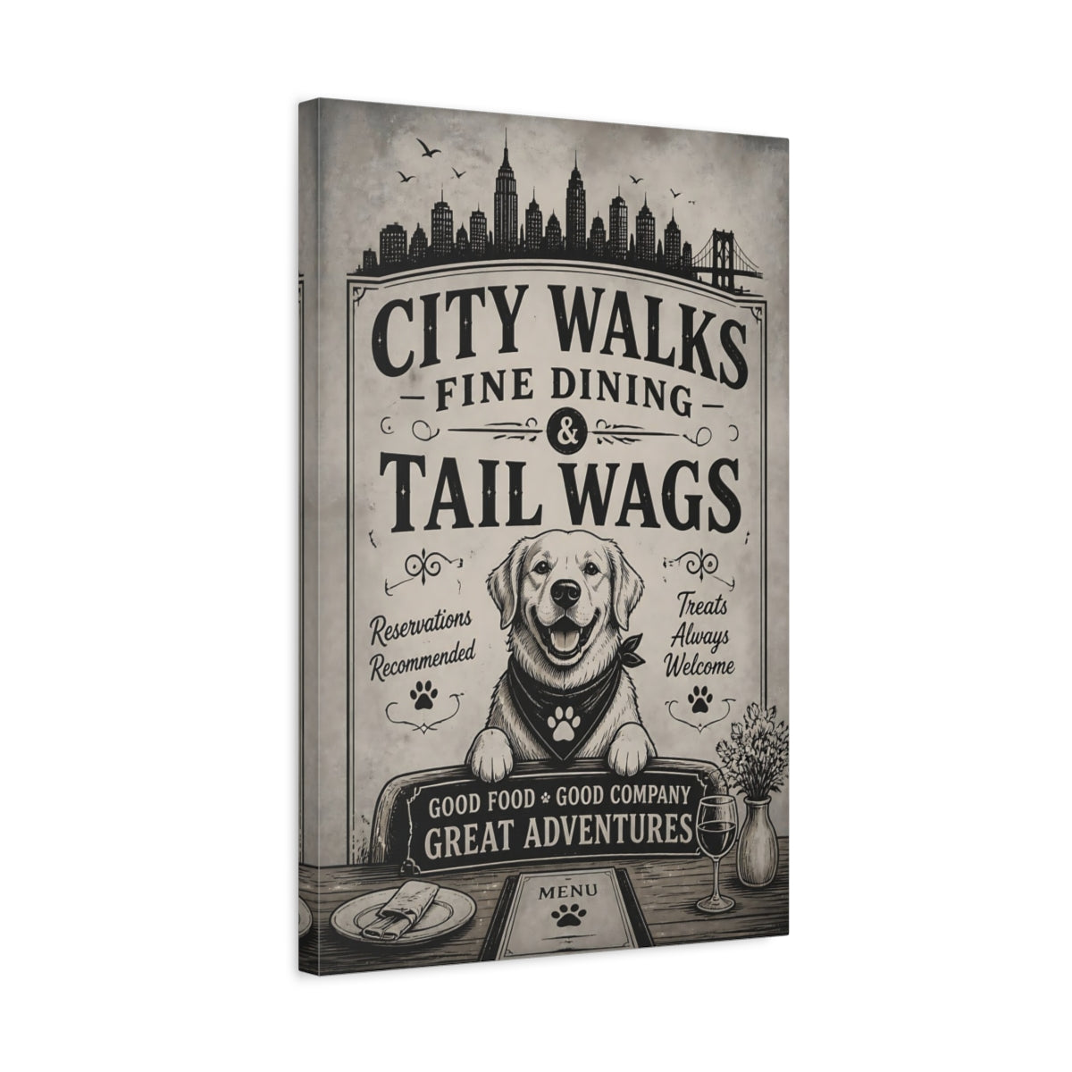 Side Mockup 3. City Dog Fine Dining shown as canvas print