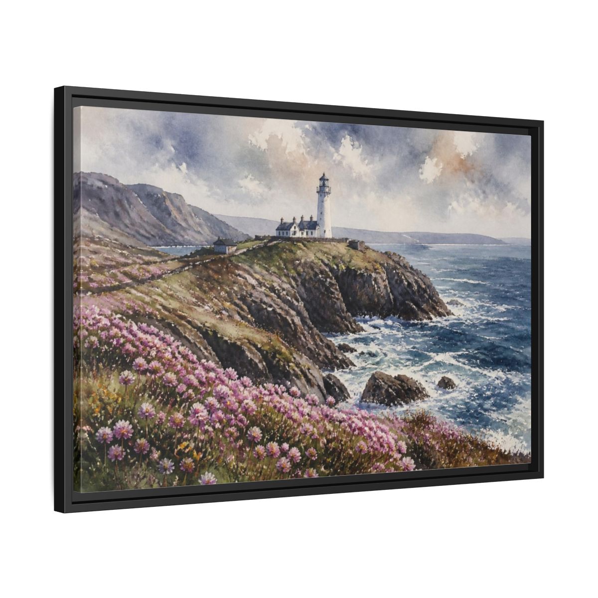 Side Mockup 14. Cliffside Lighthouse Landscape shown as framed canvas print